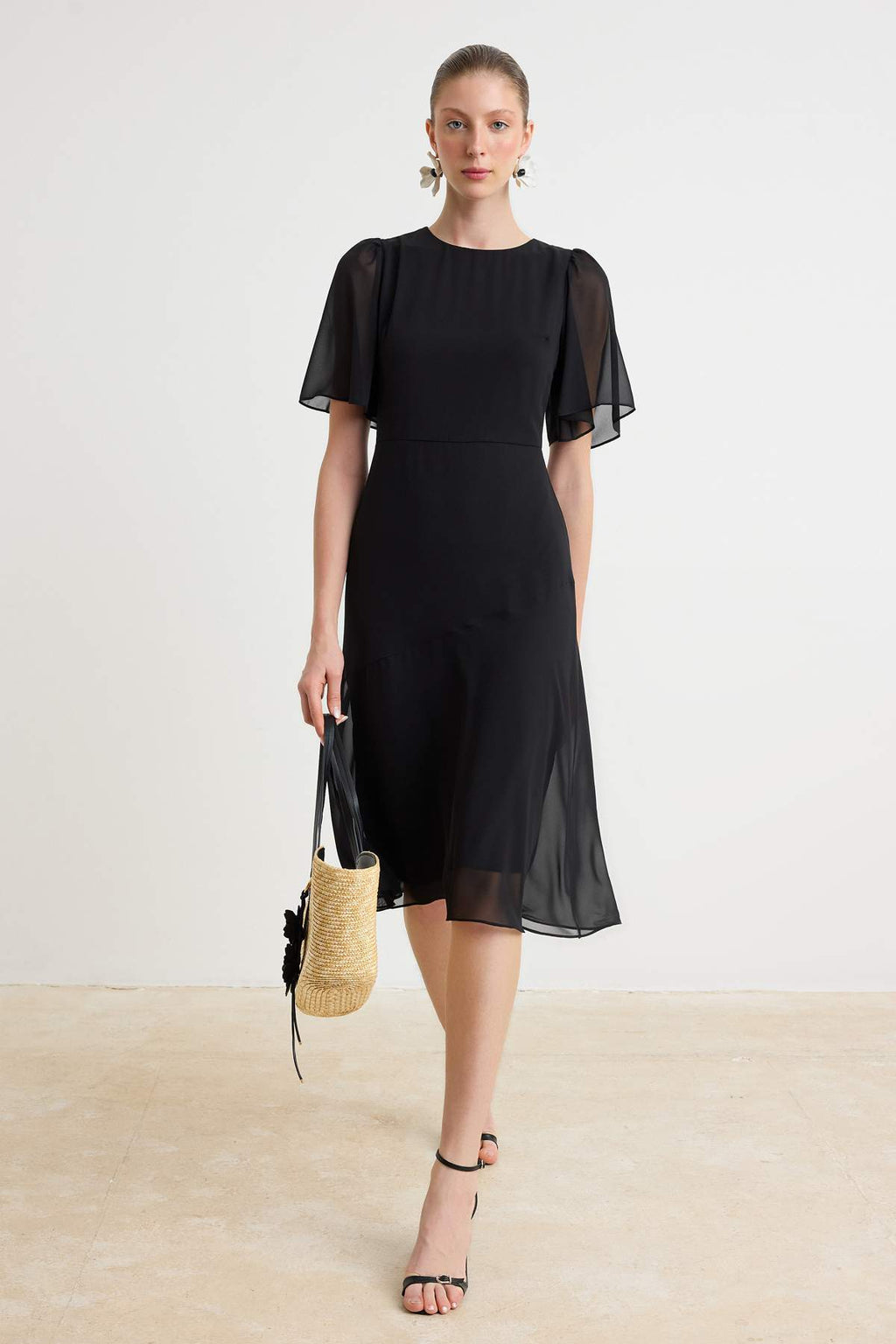 High Neck Angel Sleeve Tiered Midi Dress