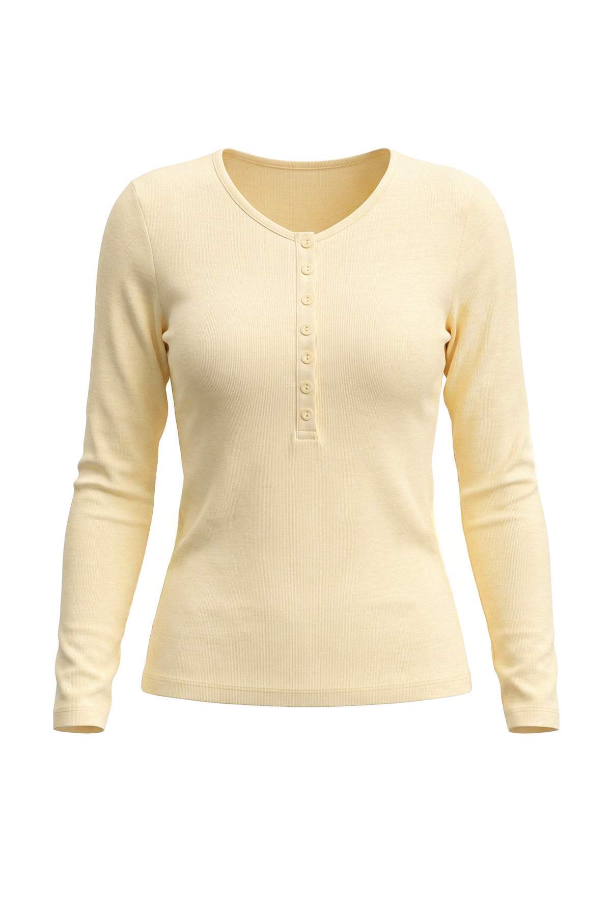 Crew Neck Long Sleeve Button Front Fitted Knit Blouse