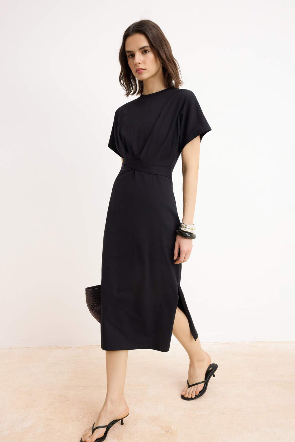 Batwing Sleeve Bodycon Midi Dress with Tie Waist Detail
