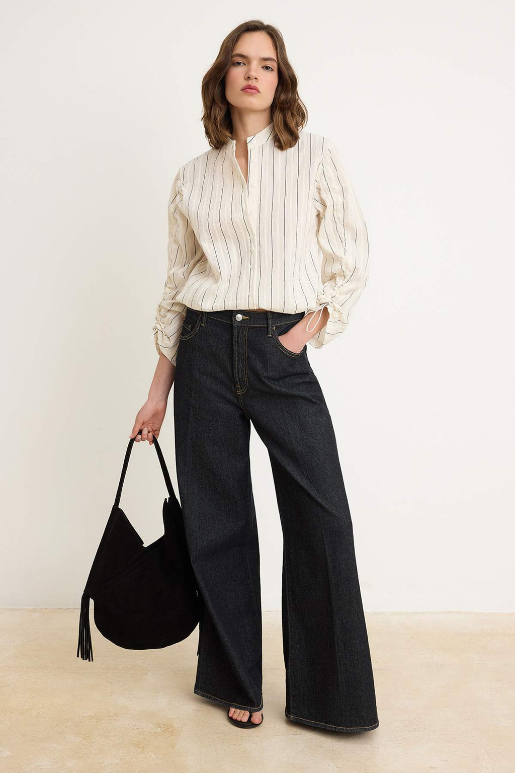Relaxed Fit Long Sleeve Gathered Detail Shirt