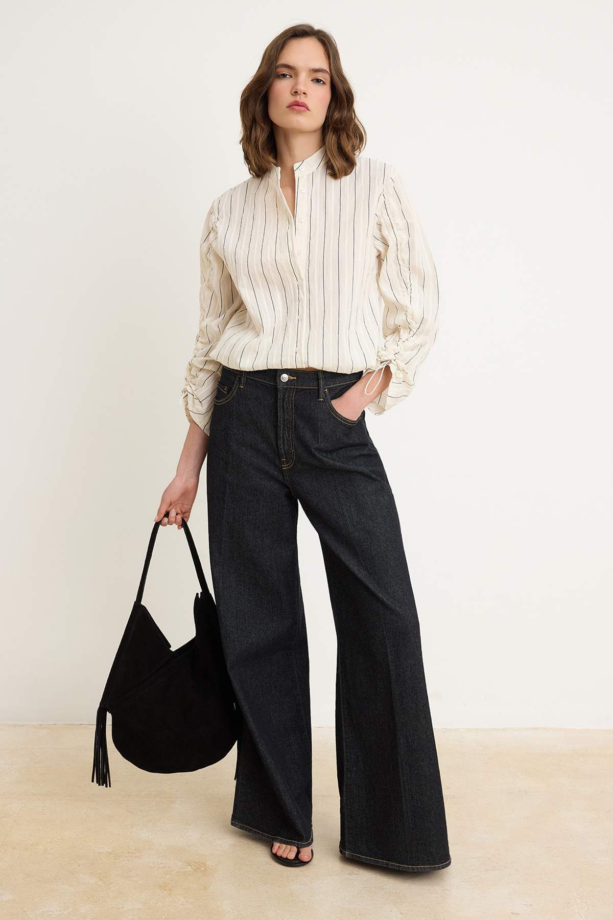 Relaxed Fit Long Sleeve Gathered Detail Shirt