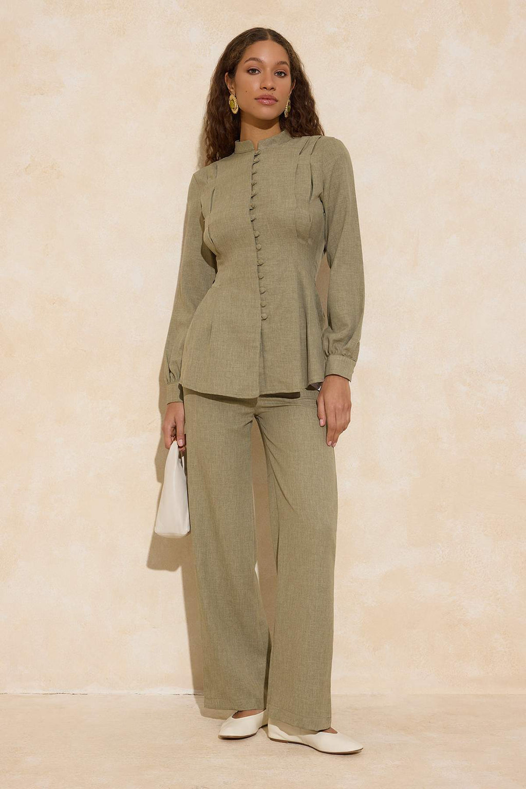 2-Piece Button Detail Long Sleeve Shirt and Wide Leg Trouser Co-ord