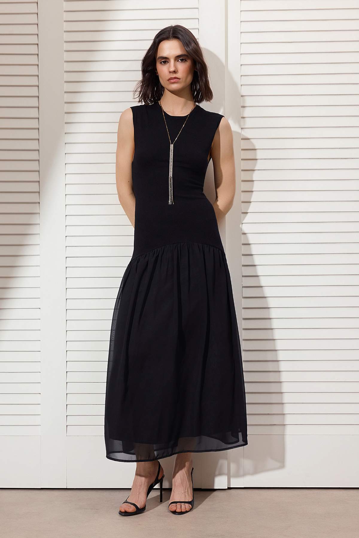Premium Knit Midi Dress with Woven Skirt Detail
