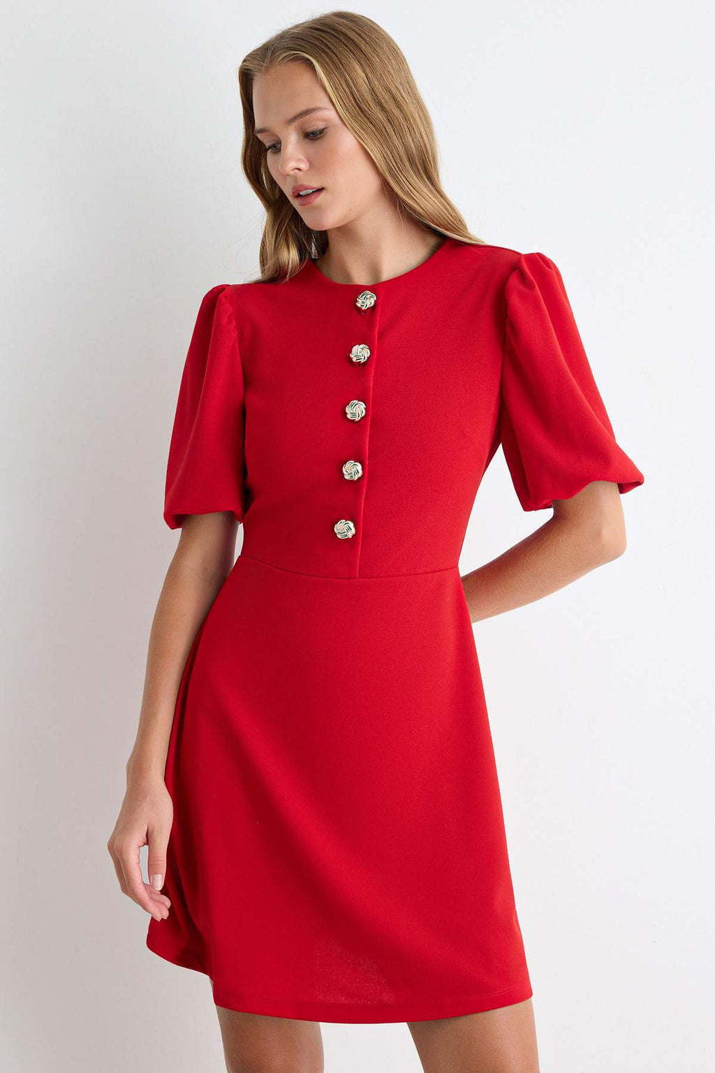 A-Line Balloon Sleeve Button Front Mini Dress