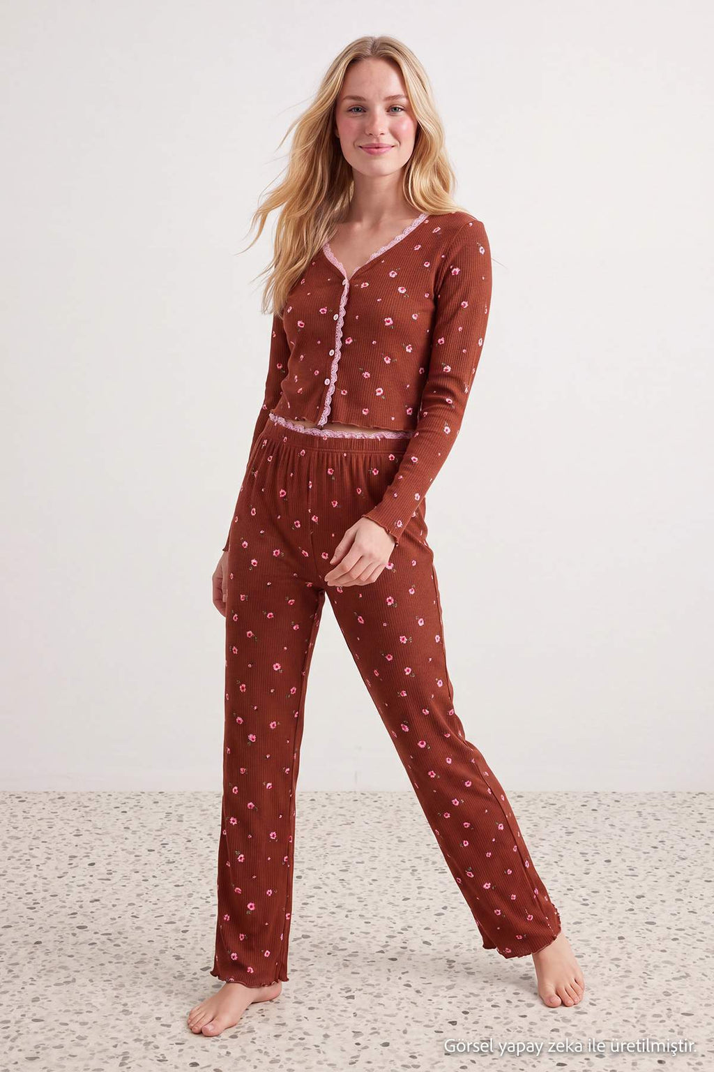 V Neck Long Sleeve Ribbed Pyjama Set