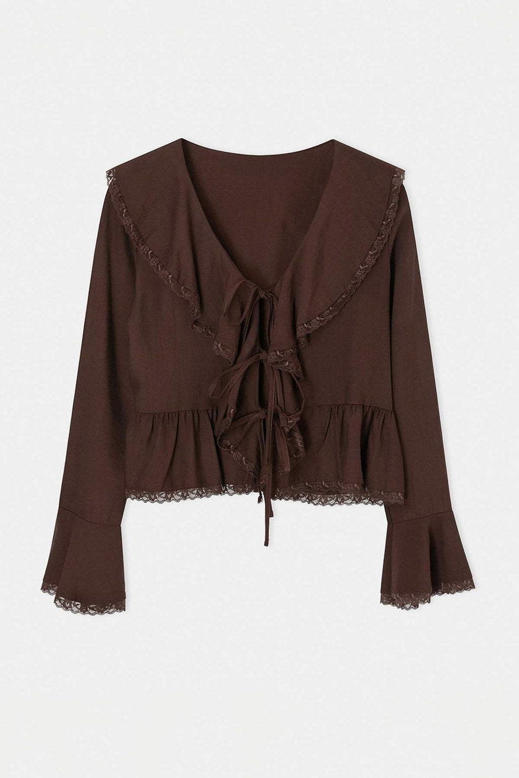 V Neck Long Sleeve Tie Front Lace Detail Blouse