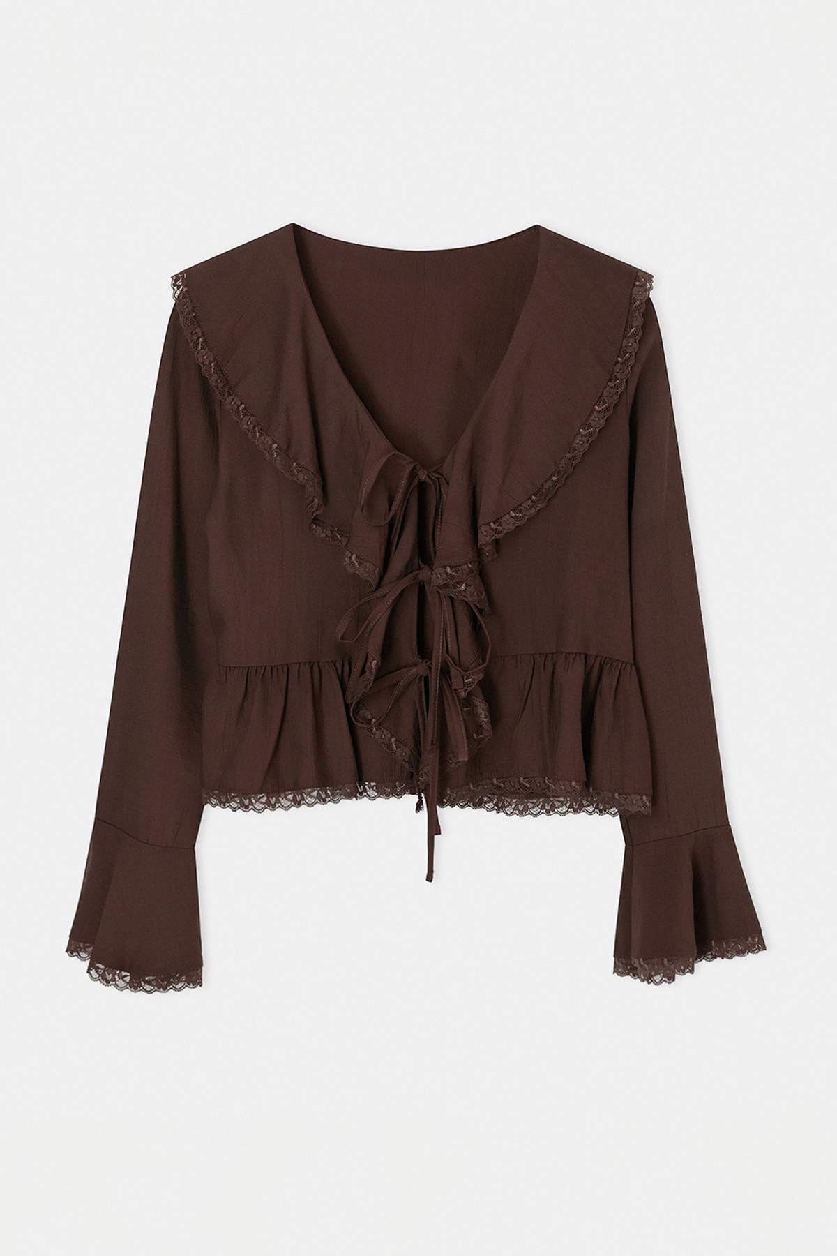 V Neck Long Sleeve Tie Front Lace Detail Blouse