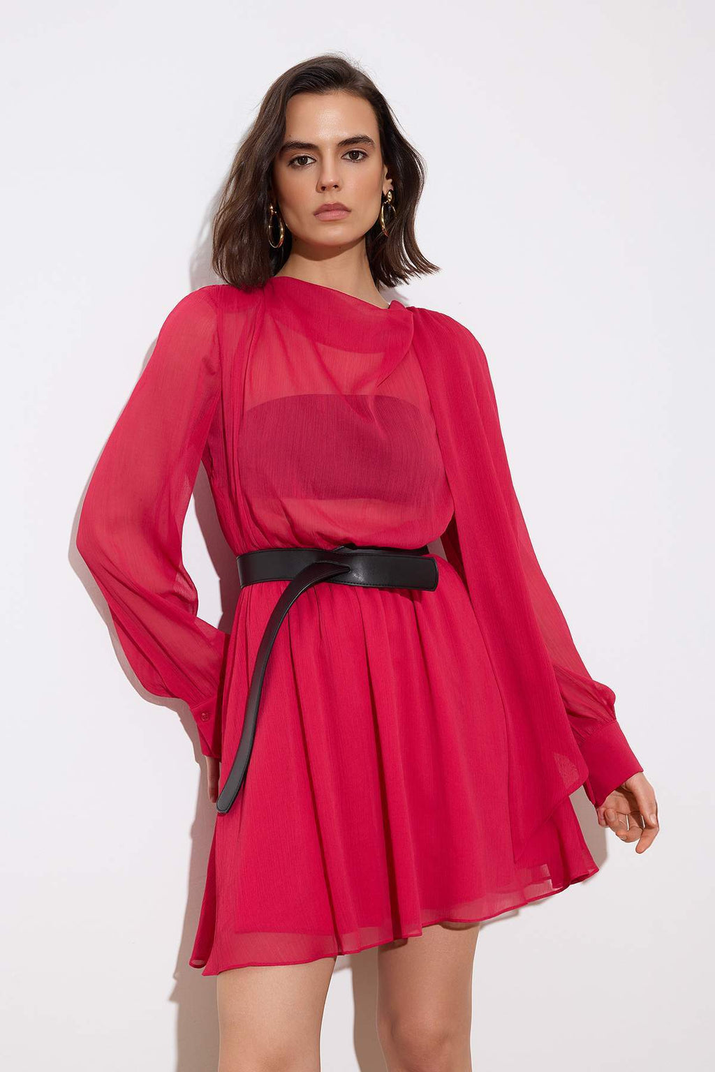 Fular Neck Belted Long Sleeve Skater Mini Dress