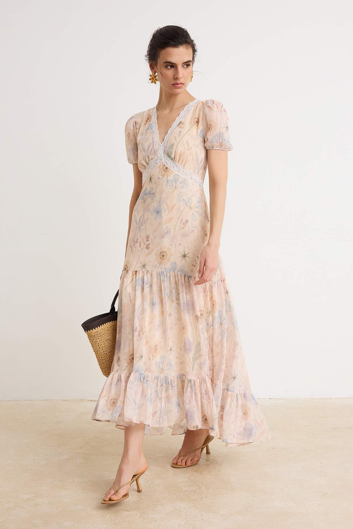 V Neck Balloon Sleeve Skater Maxi Dress