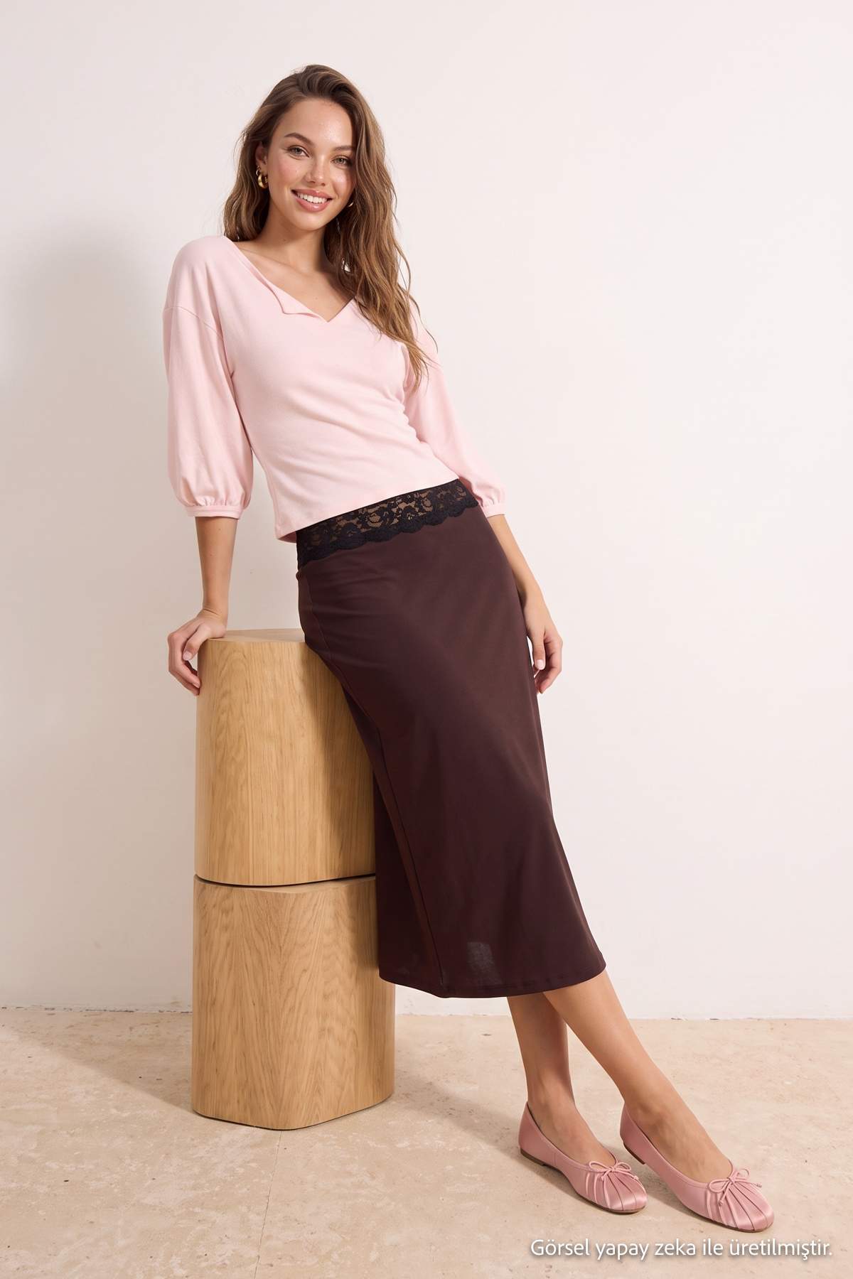 A-Line Lace Detail Midi Skirt