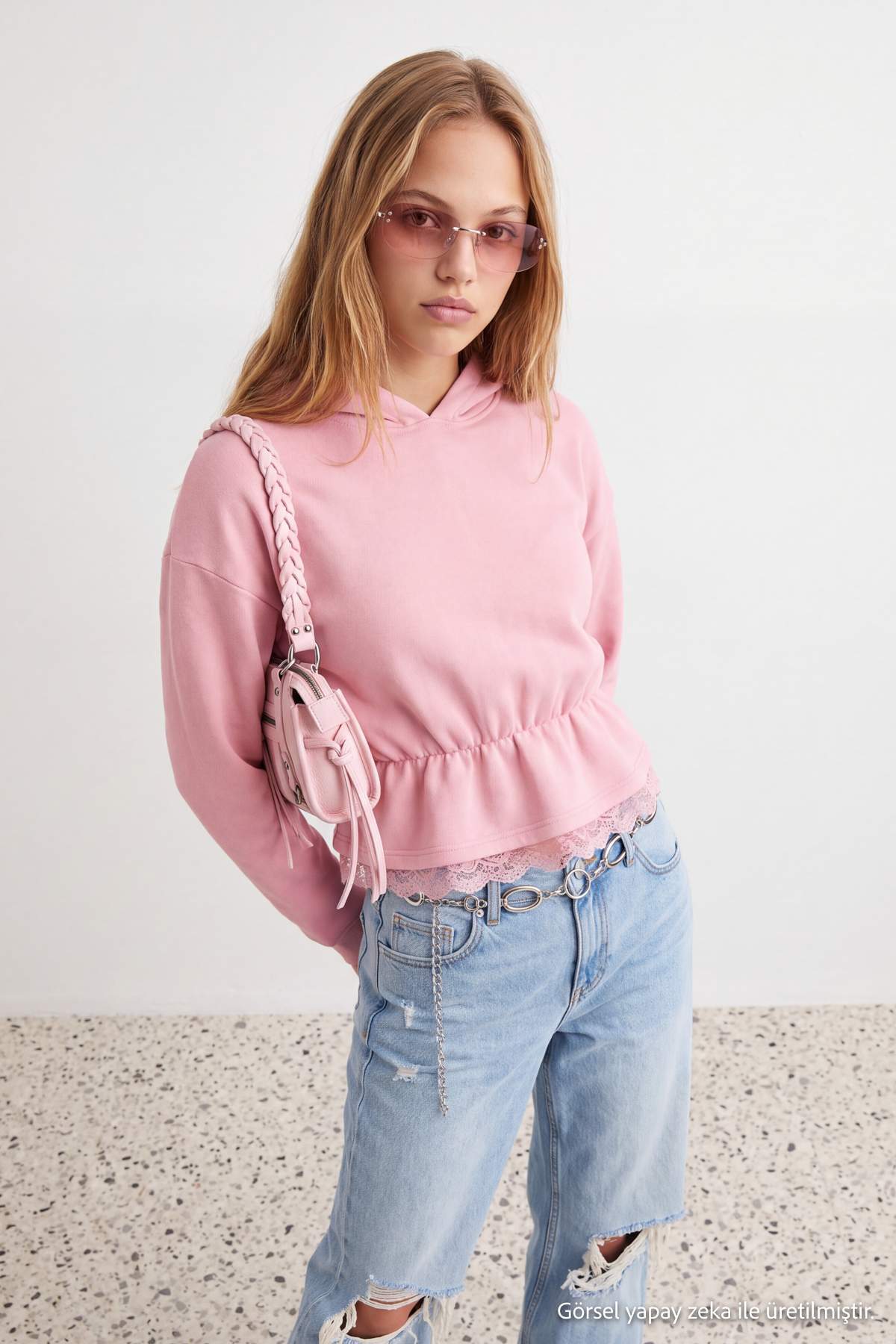 Peplum Lace Detail Hooded Long Sleeve Knit Sweatshirt