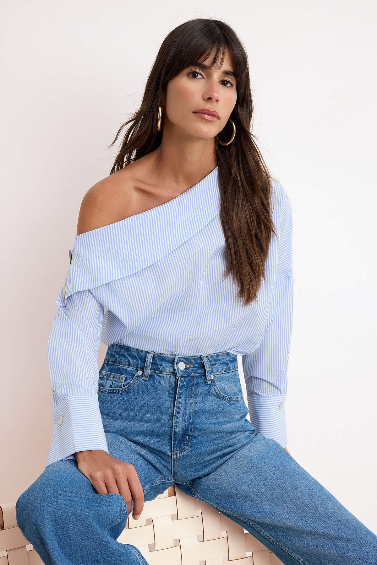Asymmetric Neck Long Sleeve Woven Blouse