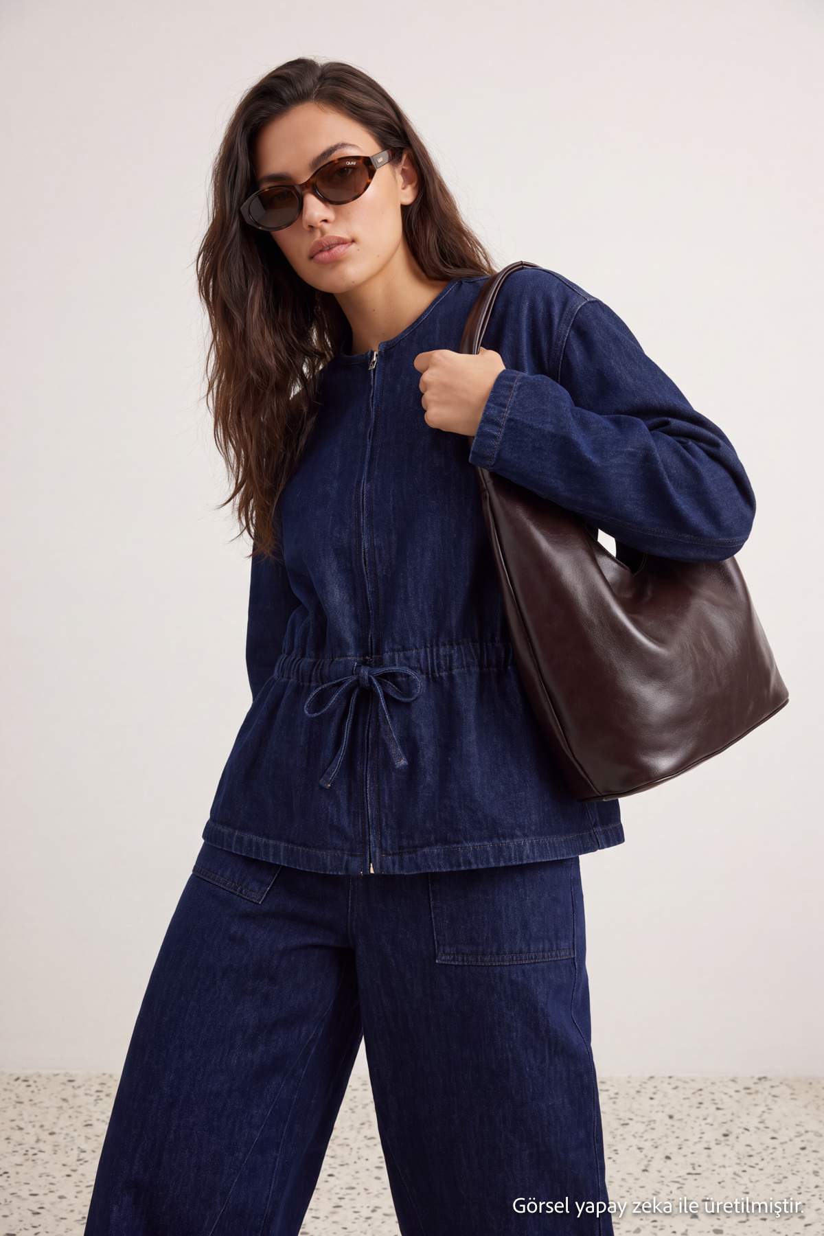 Crew Neck Drawstring Waist Denim Jacket