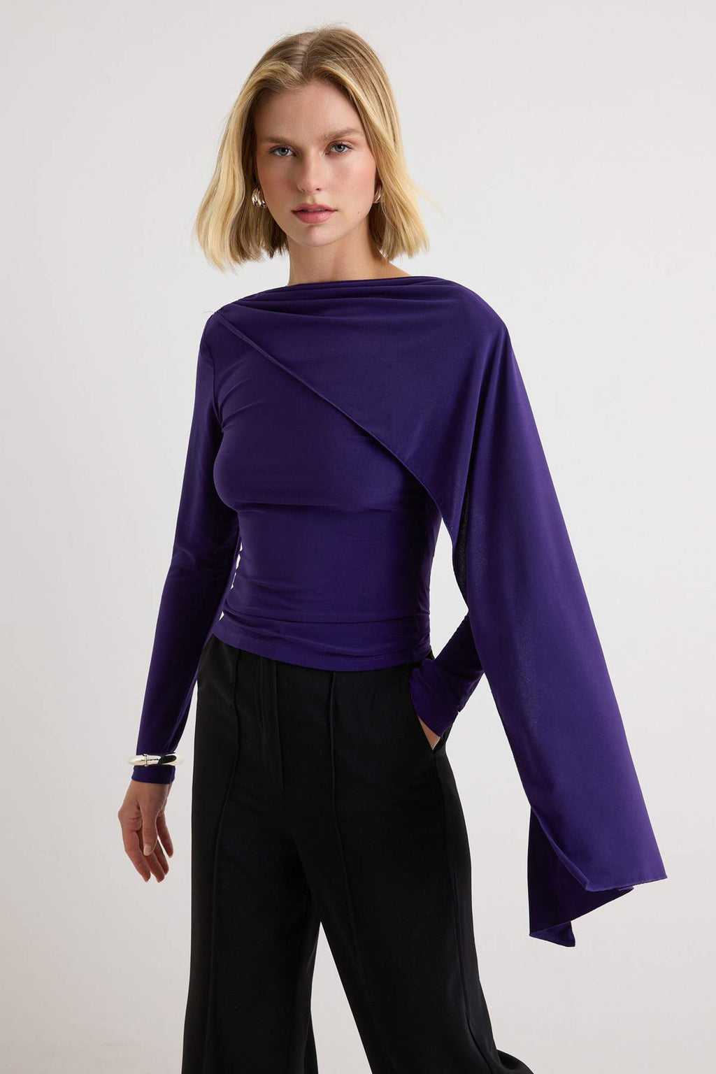 Fitted Boat Neck Cape Detail Long Sleeve Blouse
