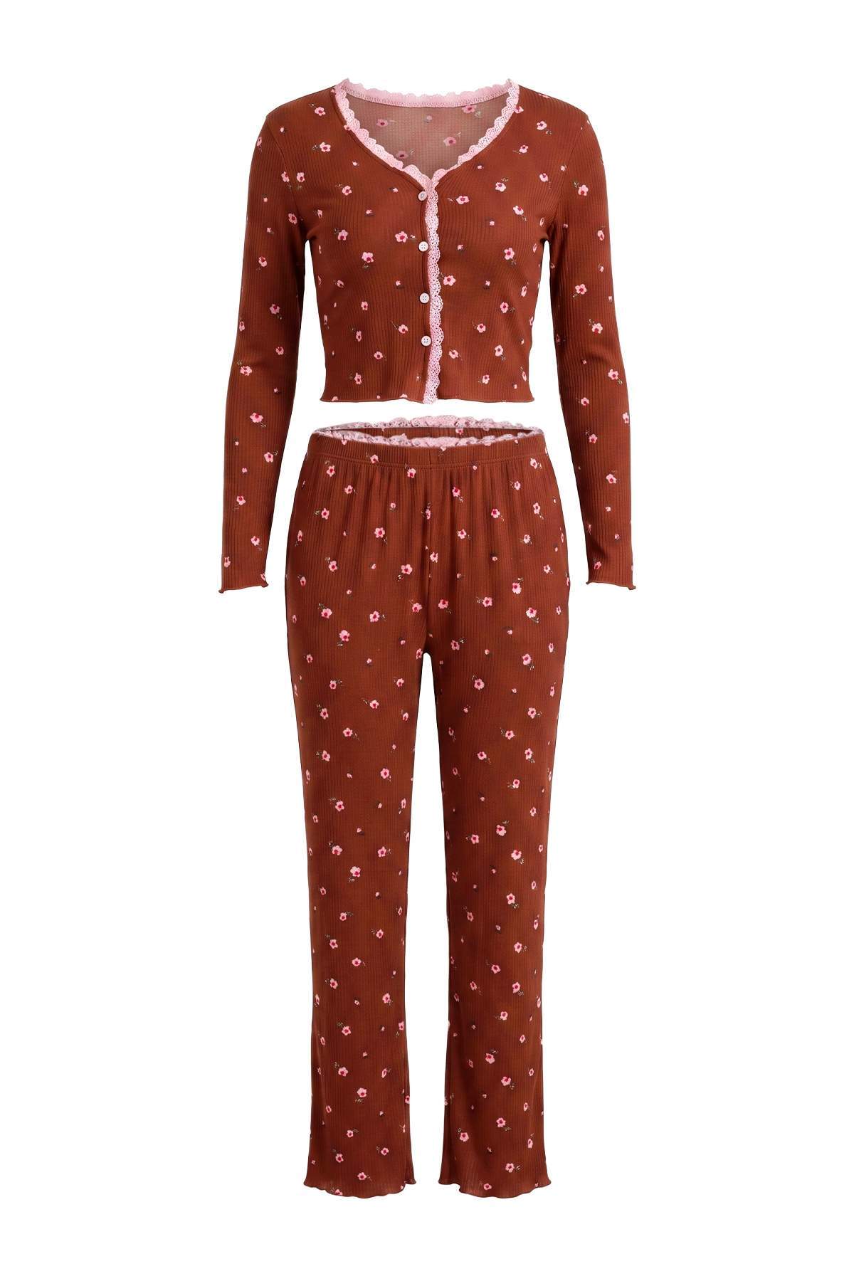 V Neck Long Sleeve Ribbed Pyjama Set