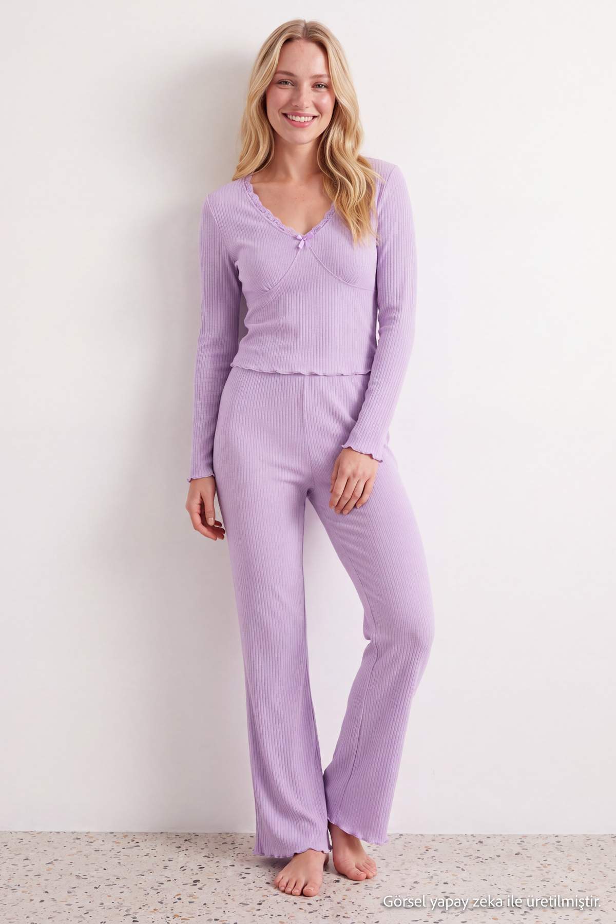 V Neck Long Sleeve Lace Detail Ribbed Pyjama Set