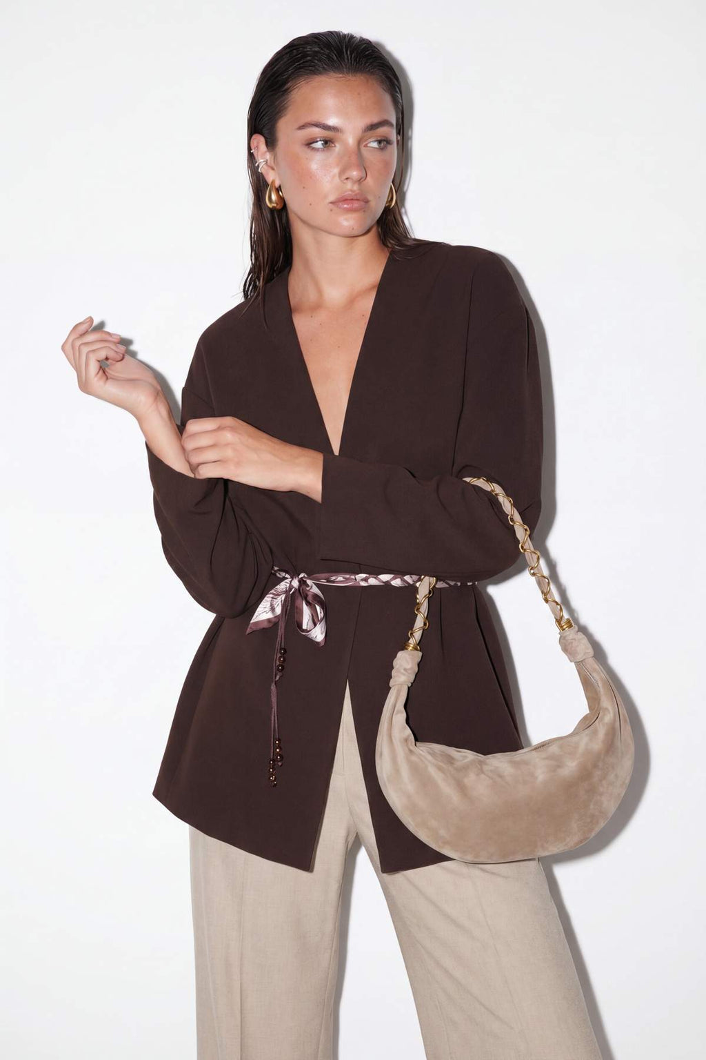 Collarless Belted Relaxed Fit Long Sleeve Jacket