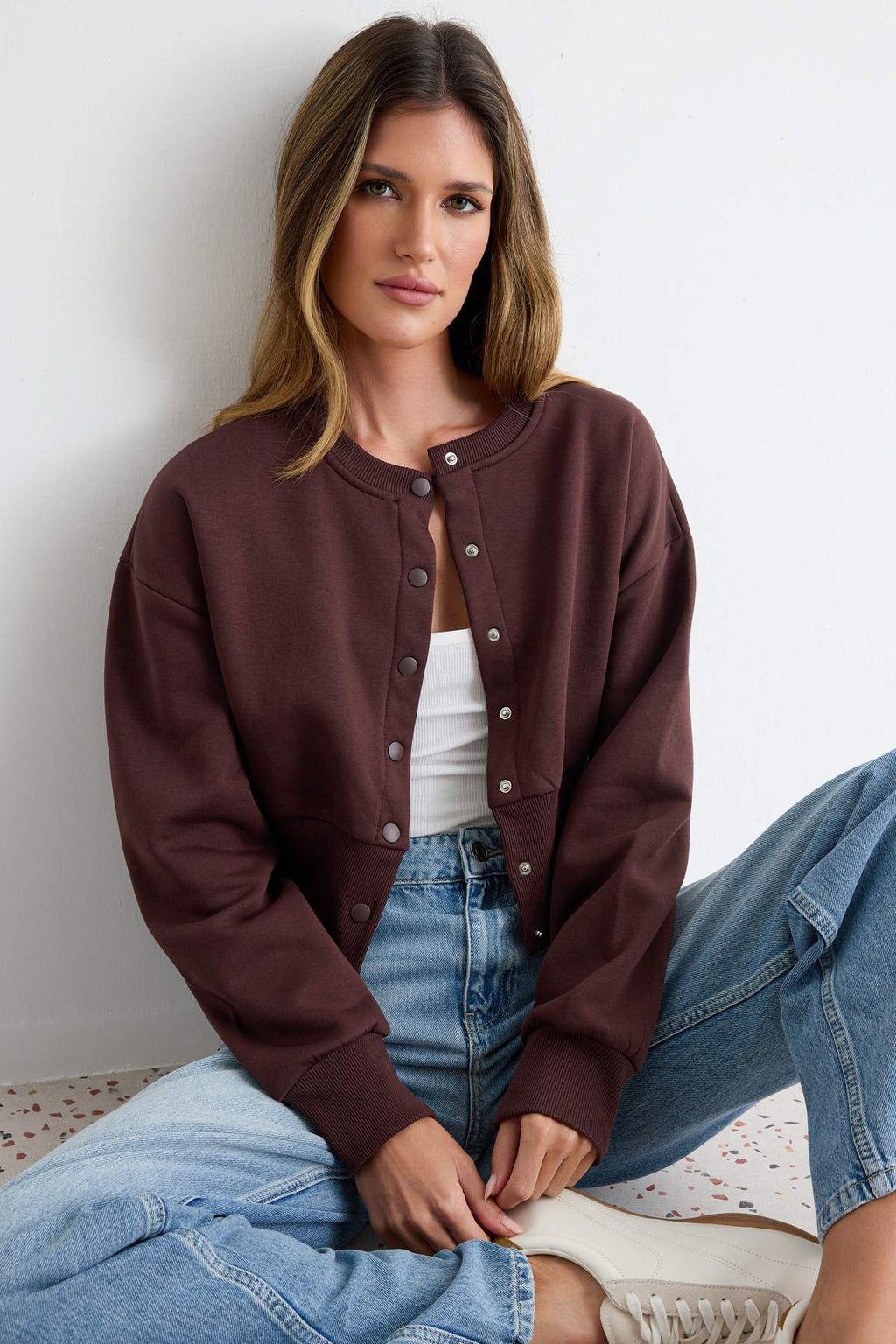 Snap Button Front Regular Fit Crop Cardigan