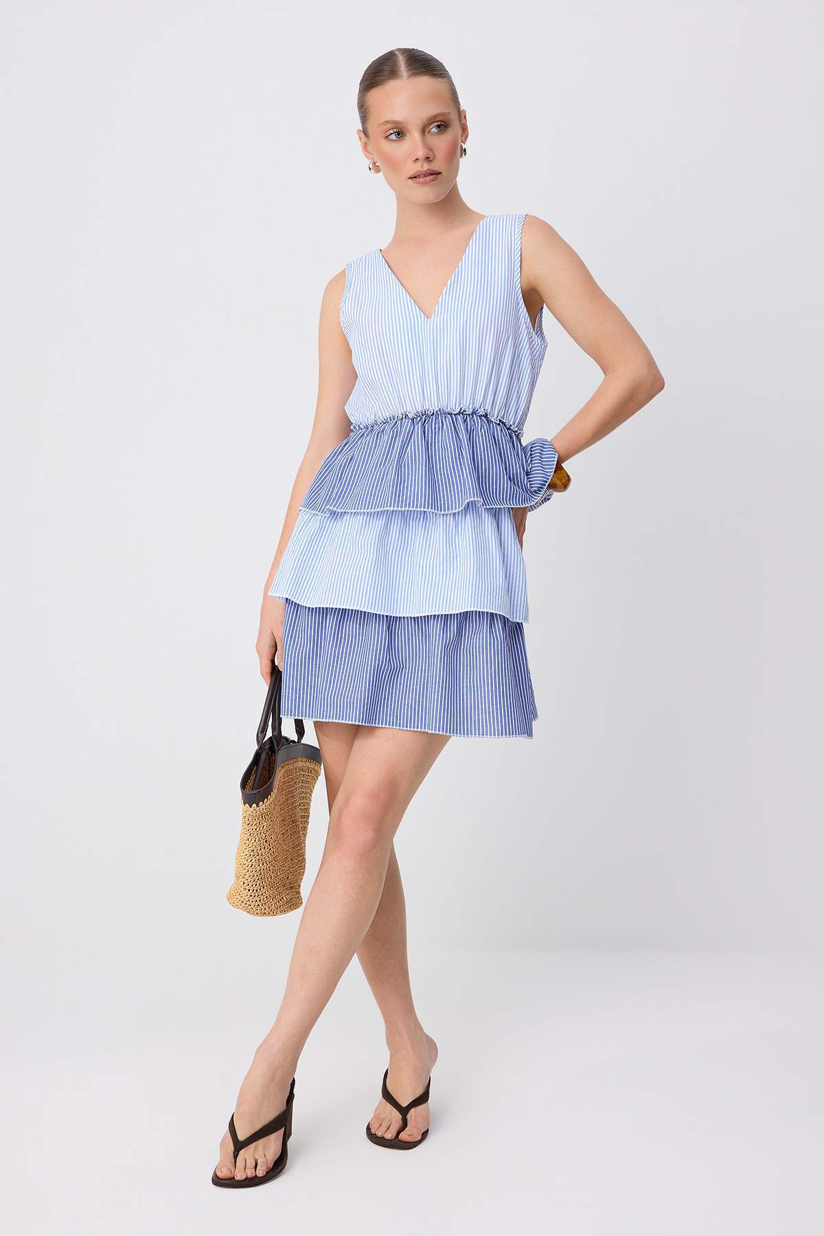 V Neck Thick Strap Tiered Skater Mini Dress