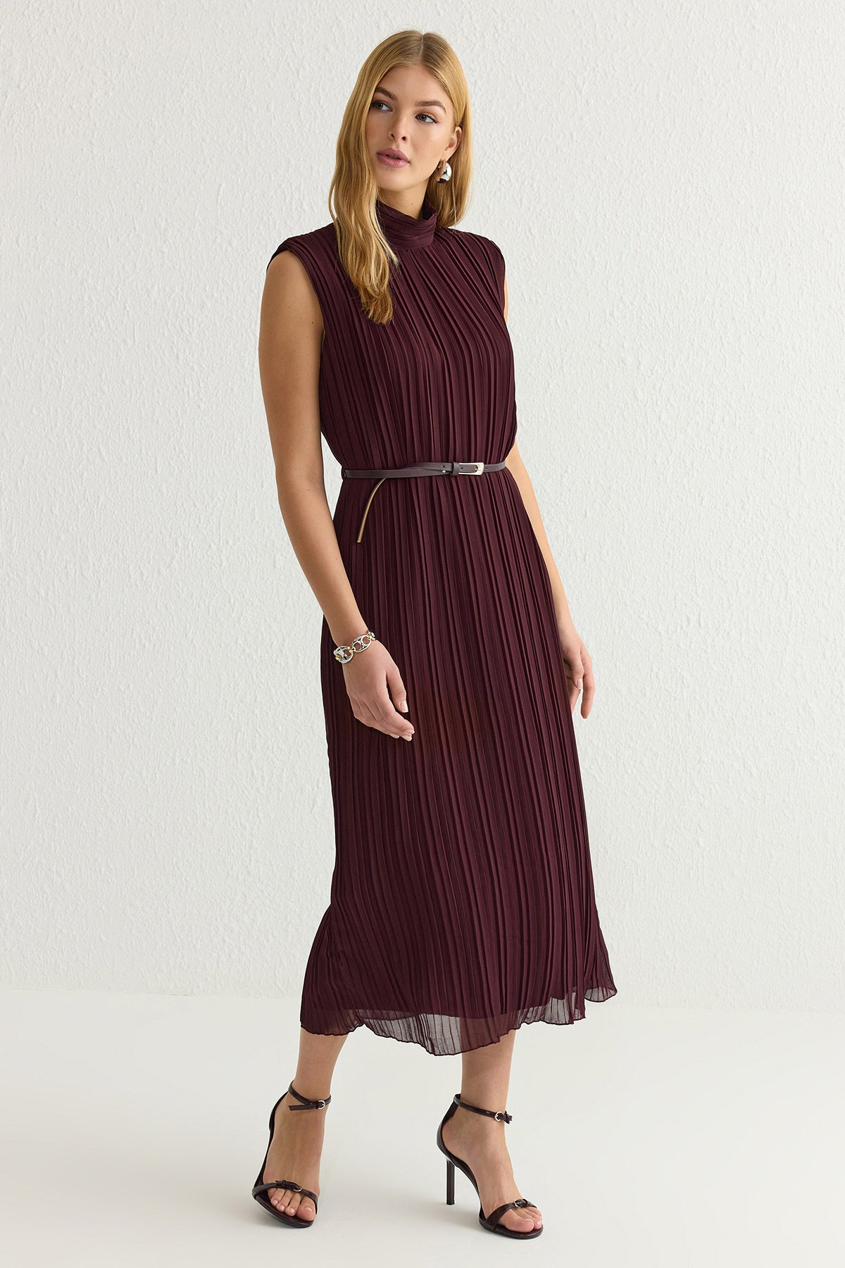 High Neck Sleeveless Belted Pleated Midi Dress
