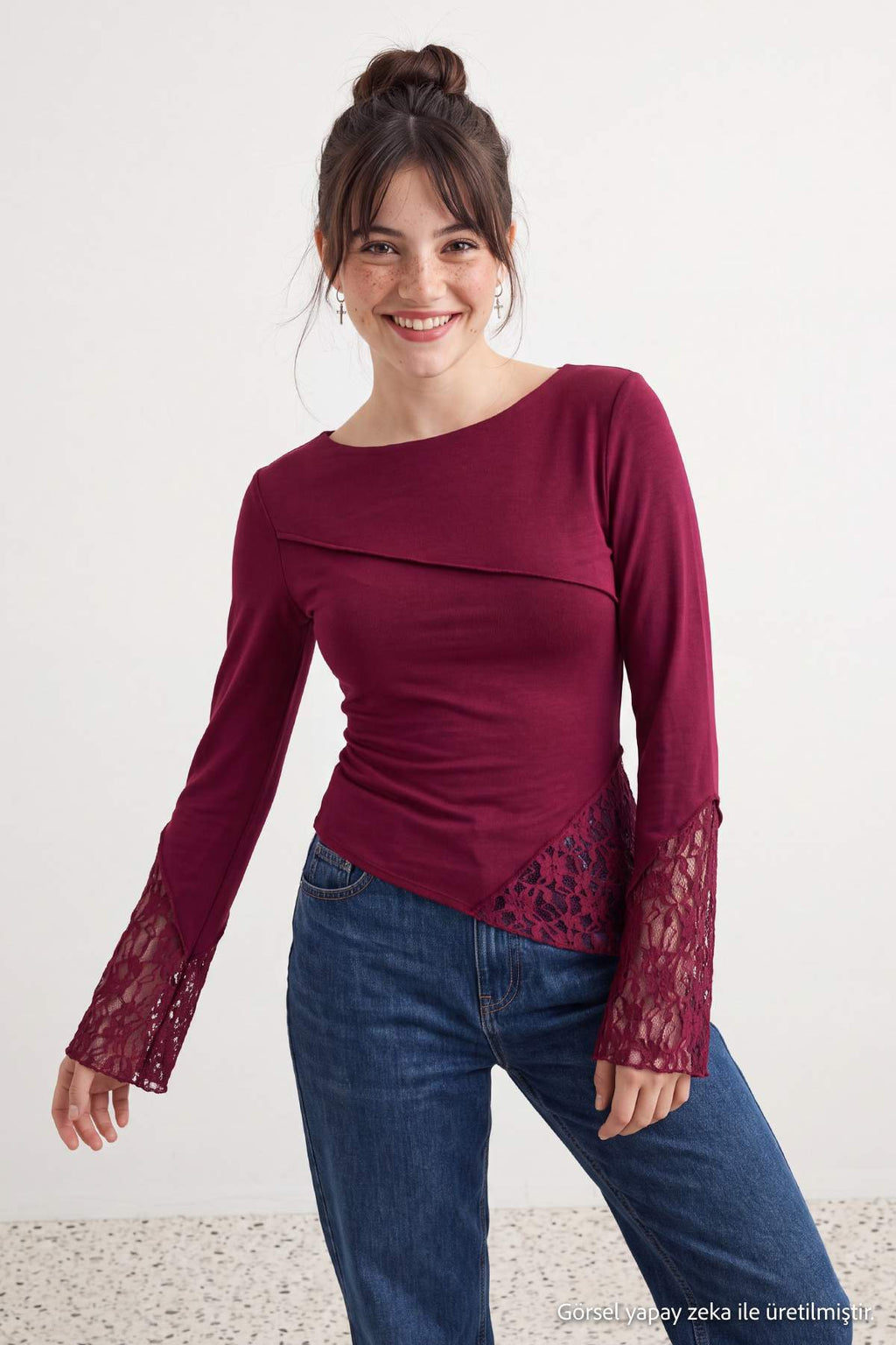 Boat Neck Spanish Sleeve Lace Detail Fitted Blouse