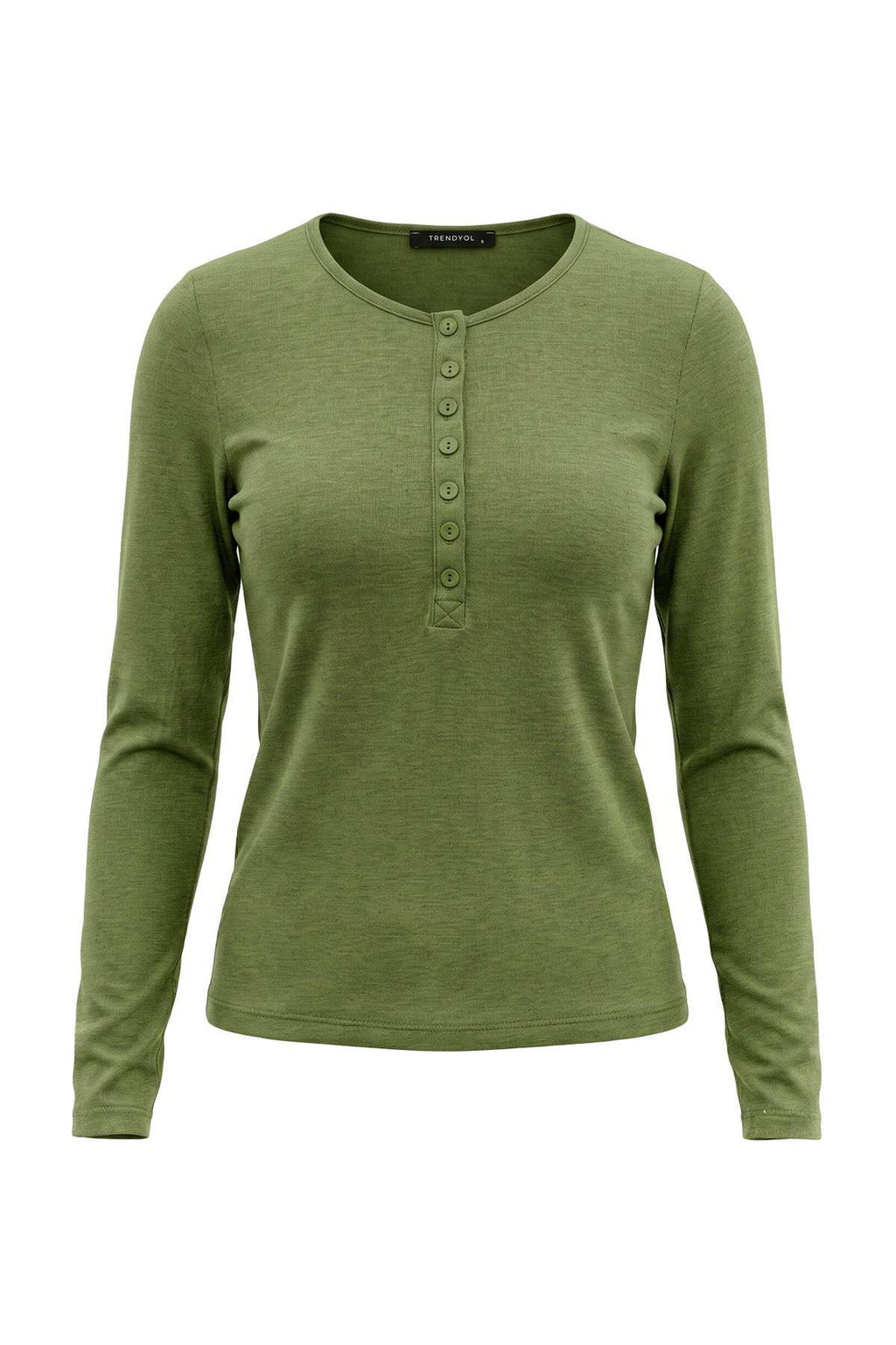Crew Neck Long Sleeve Button Front Fitted Knit Blouse