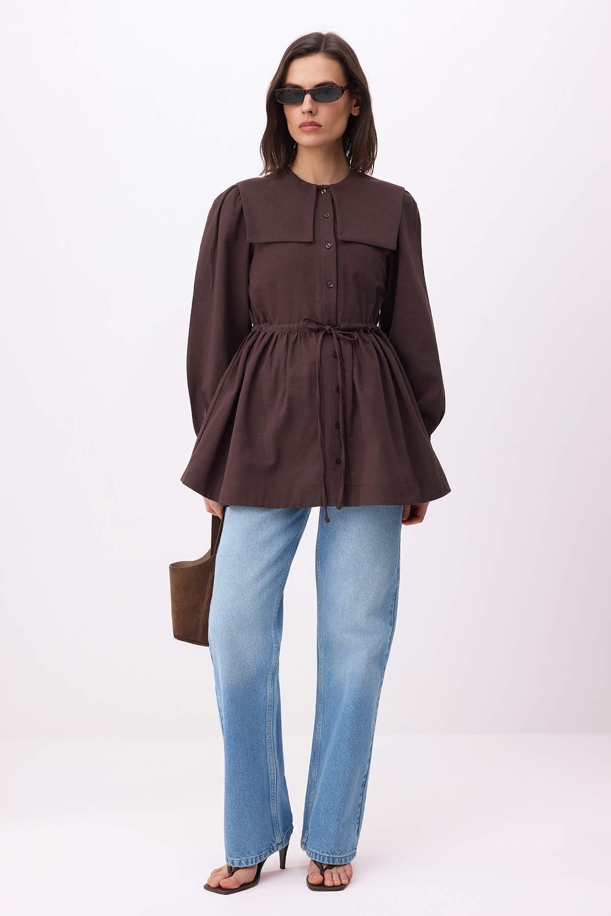 Bebe Collar Long Sleeve Belted Oversize Shirt