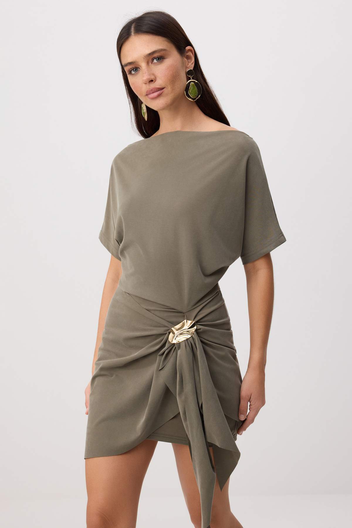 Premium Lyocell Boat Neck Drop Shoulder A-Line Mini Dress