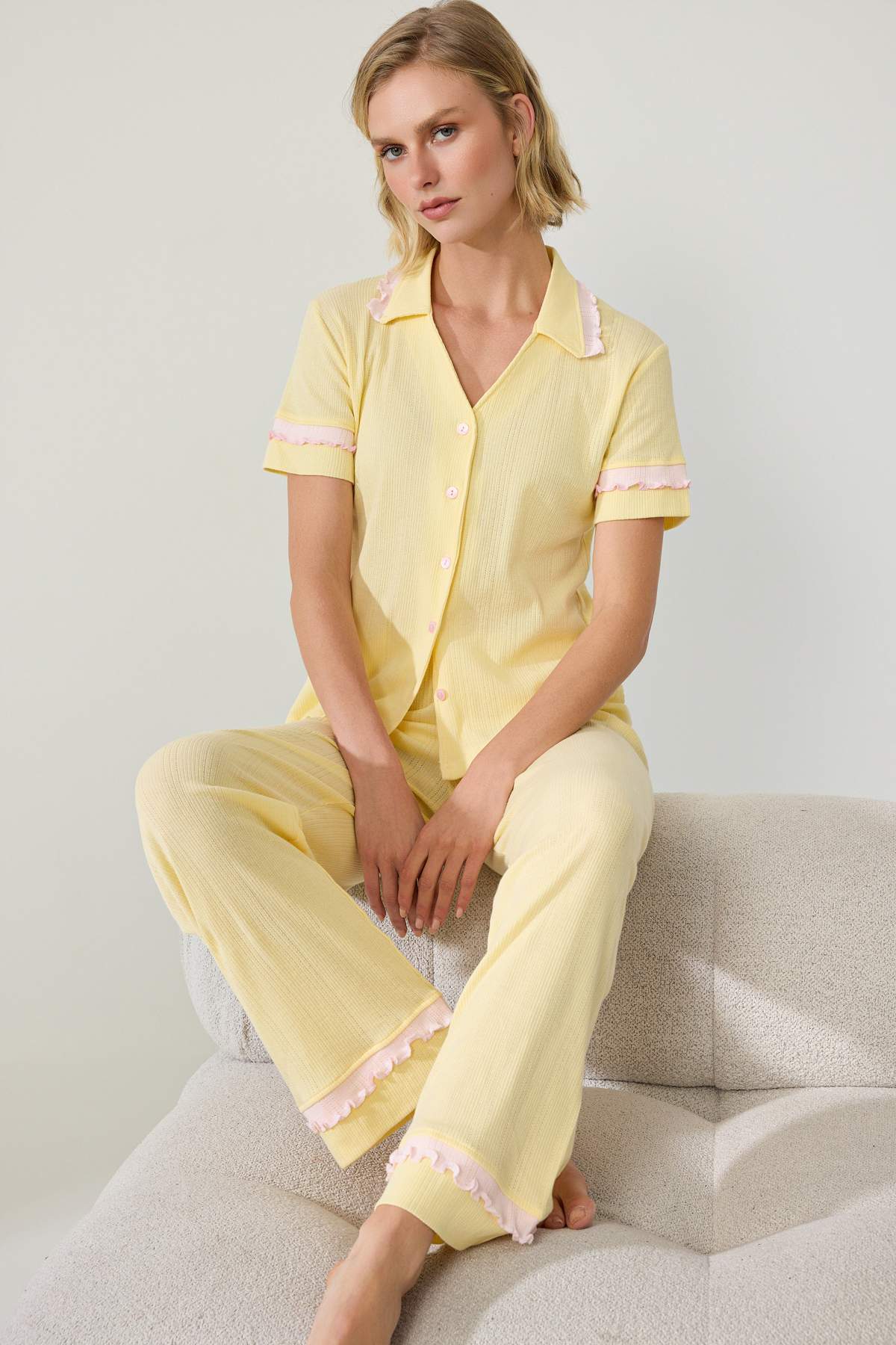 Shirt Collar Long Sleeve Frill Detail Pyjama Set