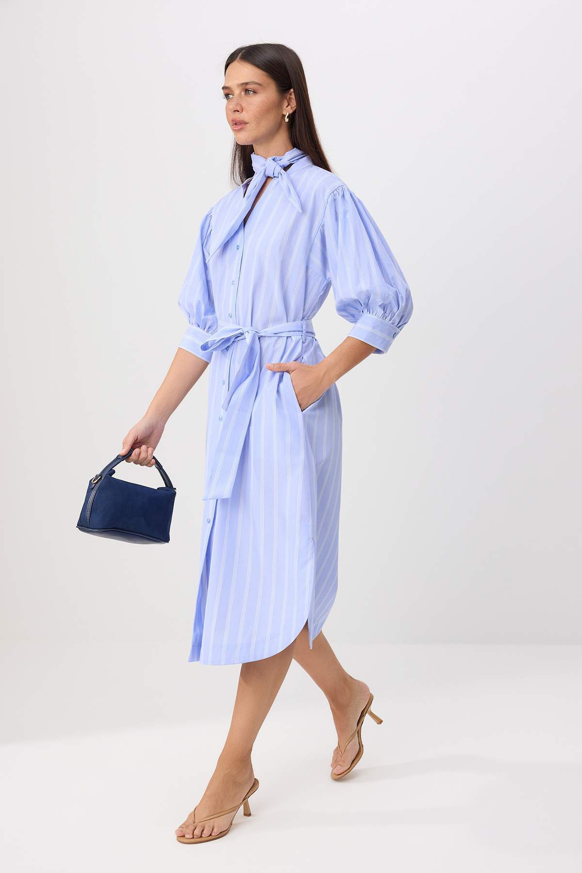 Fular Neck Balloon Sleeve Maxi Shirt Dress