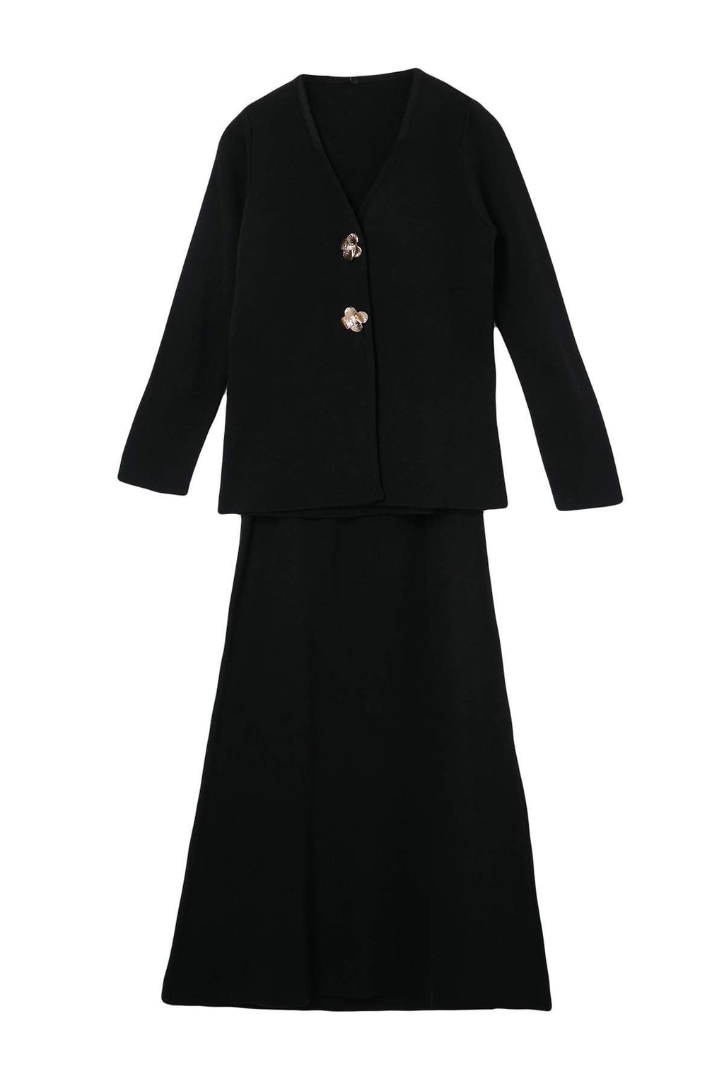 2-Piece Gold Button Detail V Neck Knitted Cardigan and Skirt Co-ord