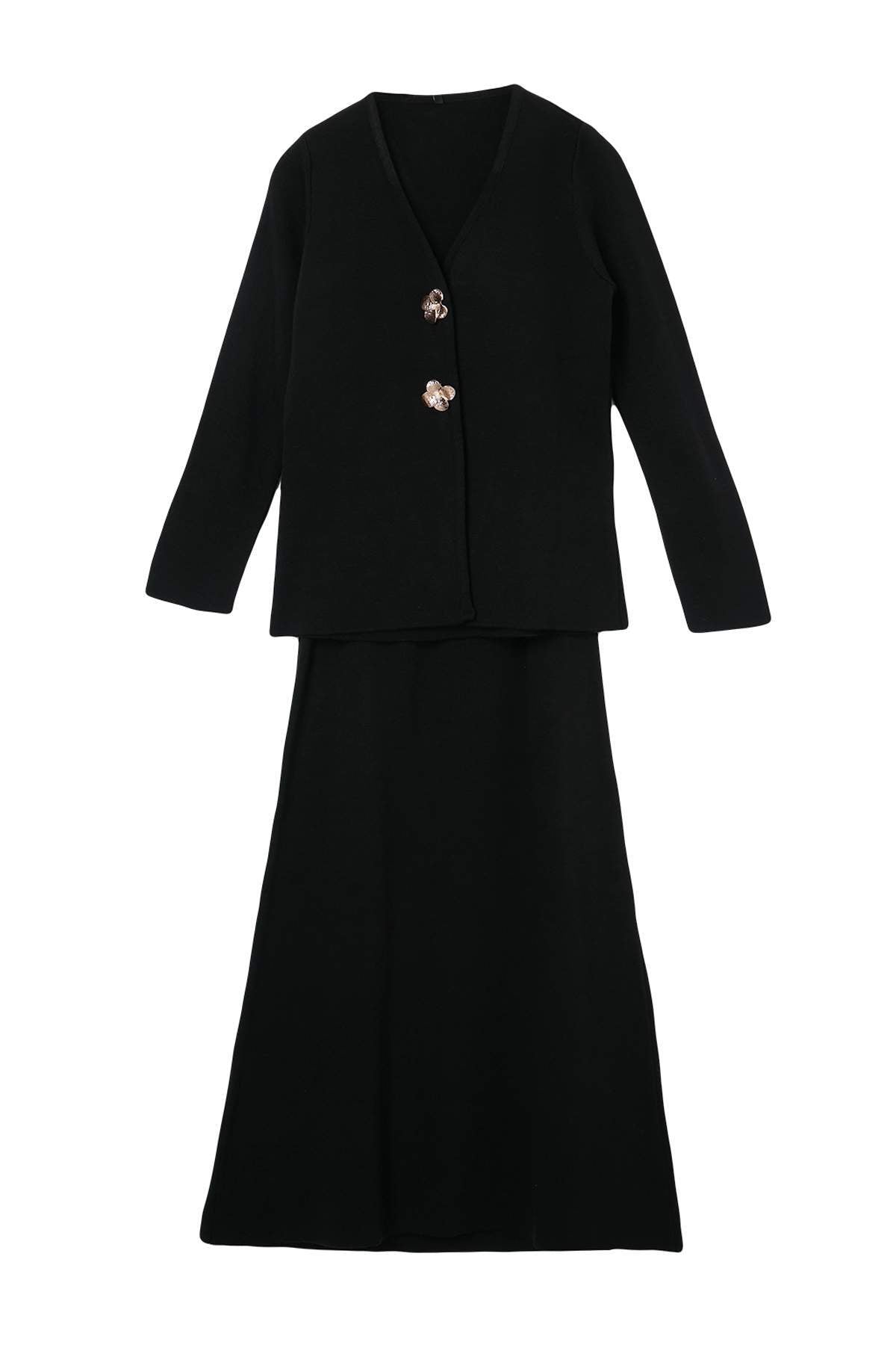 2-Piece Gold Button Detail V Neck Knitted Cardigan and Skirt Co-ord