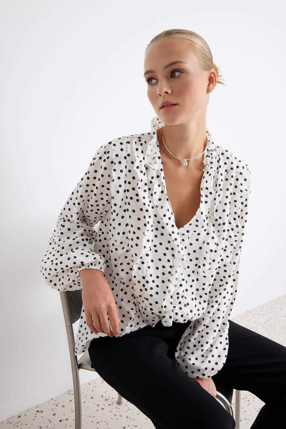 V Neck Long Sleeve Frill Detail Woven Shirt