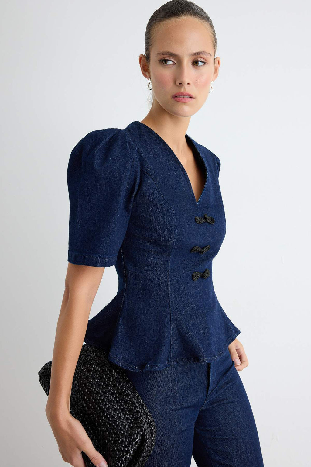 V Neck Balloon Sleeve Peplum Denim Blouse