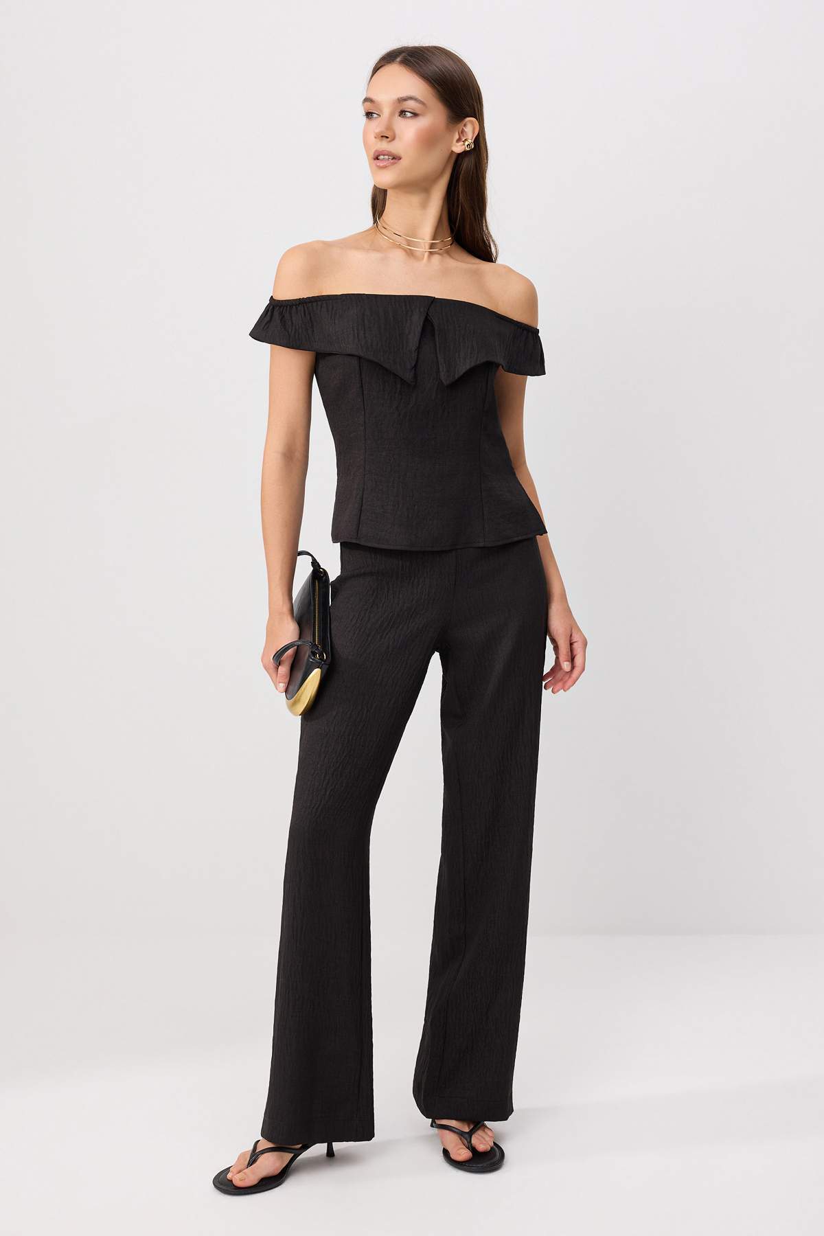 2-Piece Boat Neck Fitted Blouse and Wide Leg Trouser Co-ord
