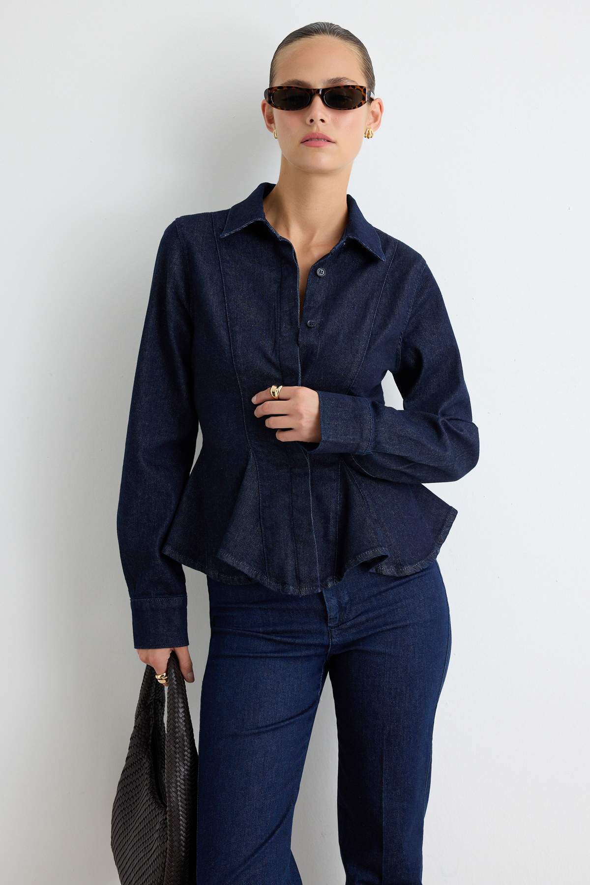 Shirt Collar Long Sleeve Peplum Fitted Shirt