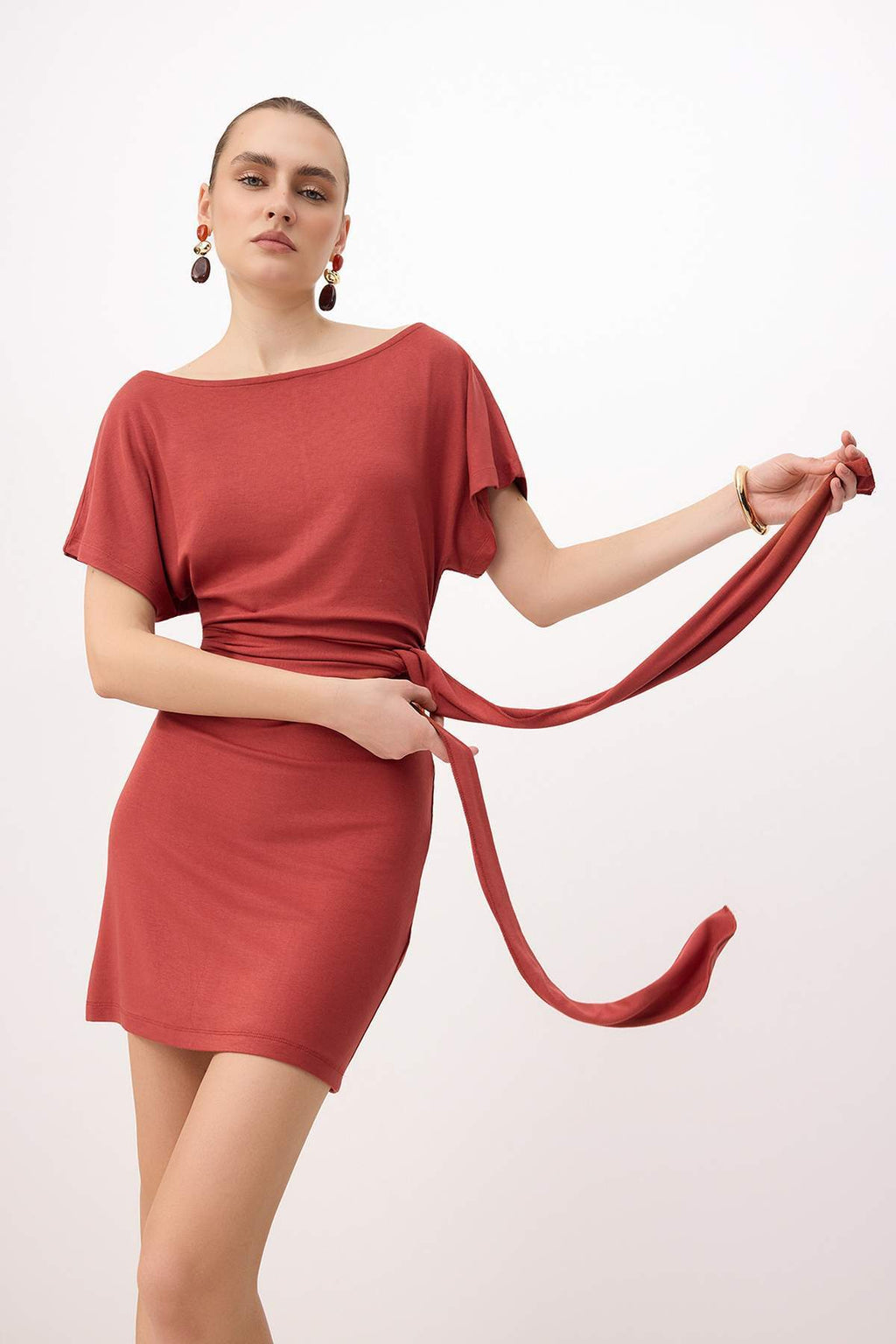 Bodycon Asymmetric Neck Tie Detail Short Sleeve Mini Dress