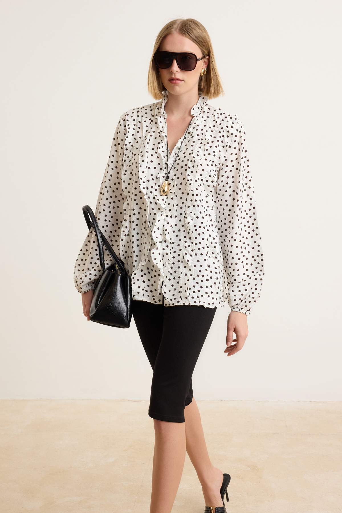 V Neck Long Sleeve Frill Detail Woven Shirt