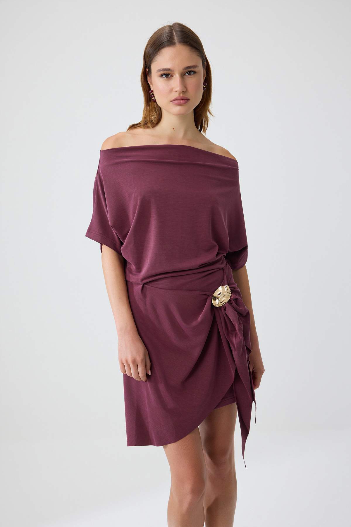 Premium Lyocell Boat Neck Drop Shoulder A-Line Mini Dress