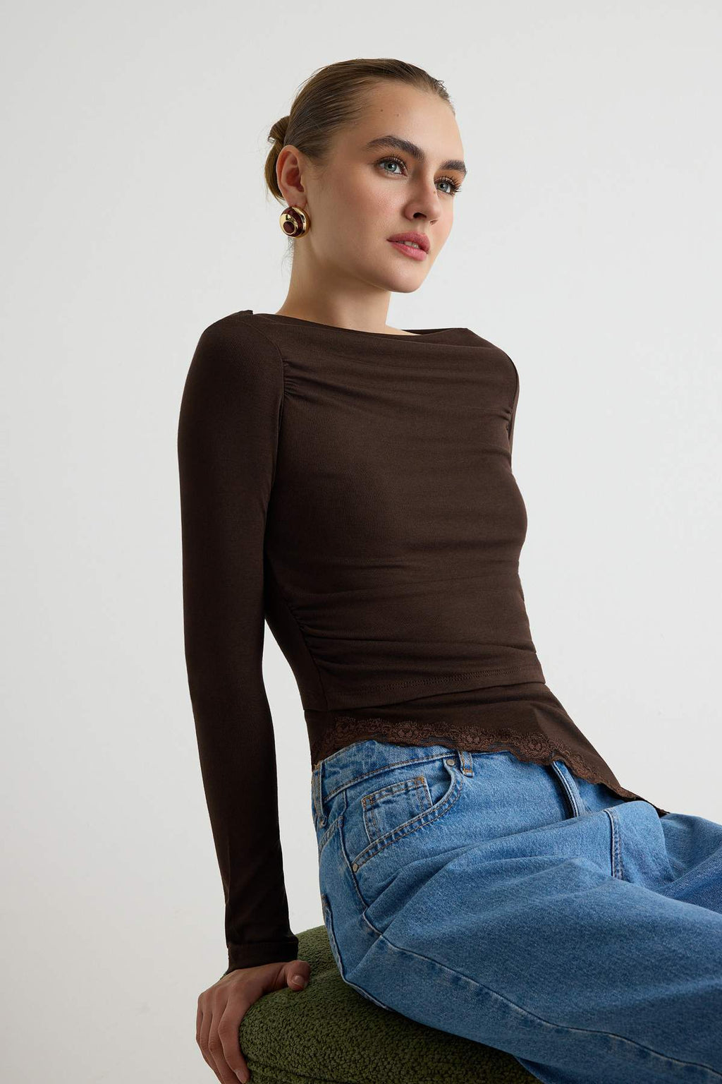 Fitted Boat Neck Long Sleeve Lace Detail Ribbed Blouse