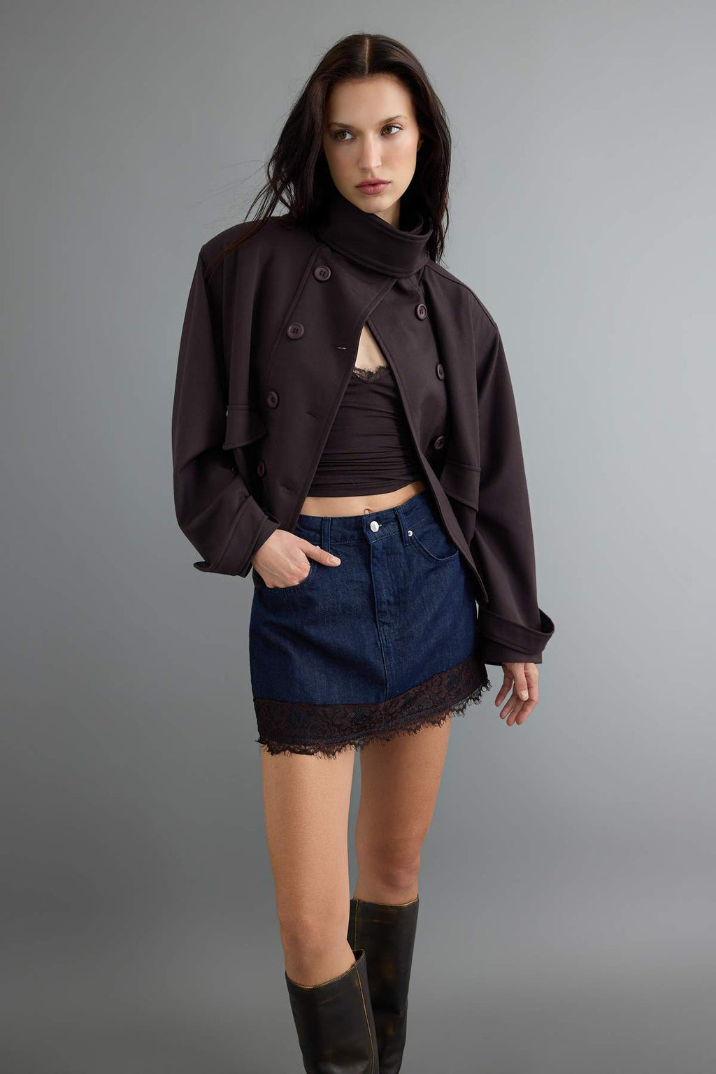 Lace Detail High Waist Mini Denim Skirt