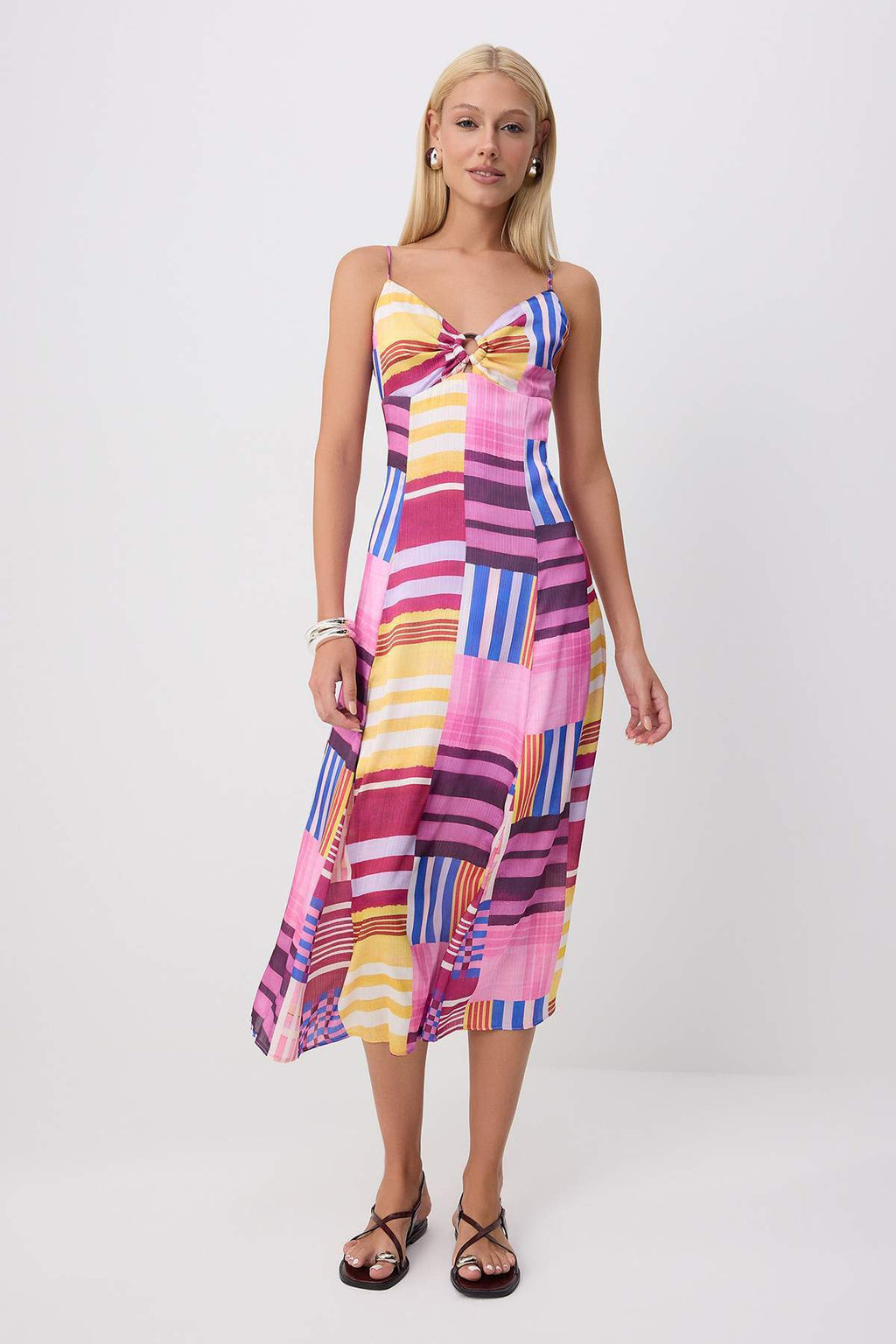 V Neck Sleeveless Slip Midi Satin Dress