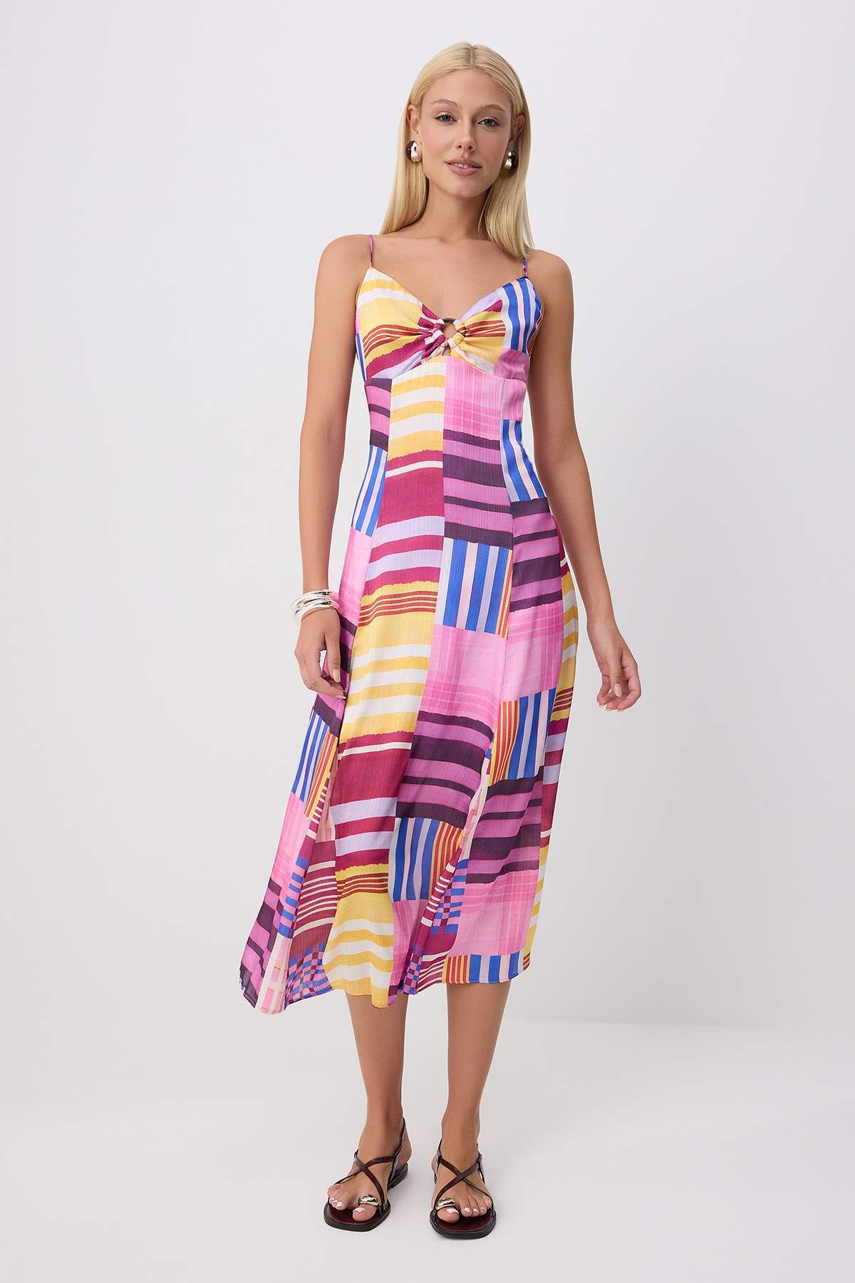 V Neck Sleeveless Slip Midi Satin Dress