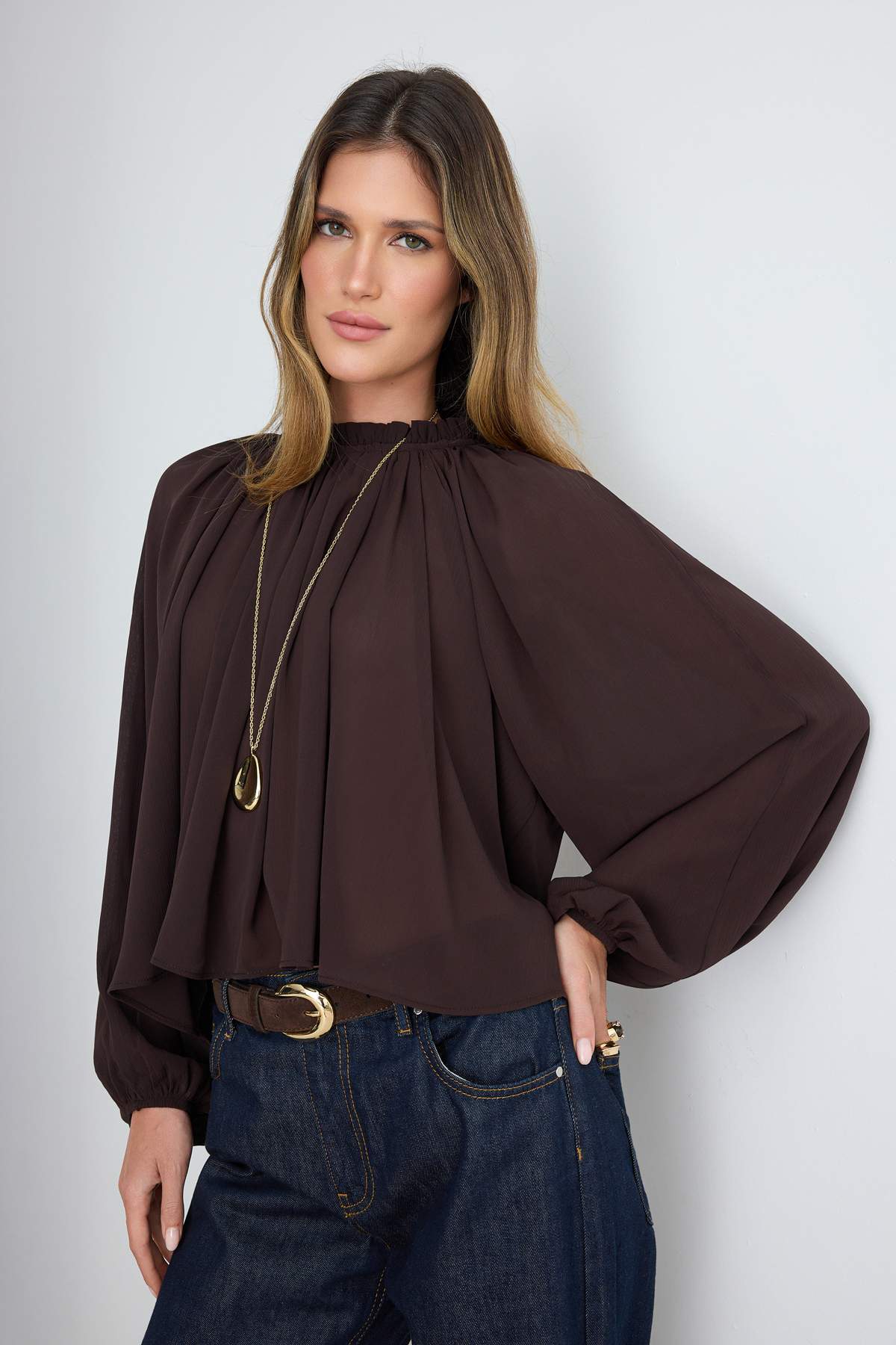 High Neck Raglan Sleeve Gathered Oversized Woven Blouse