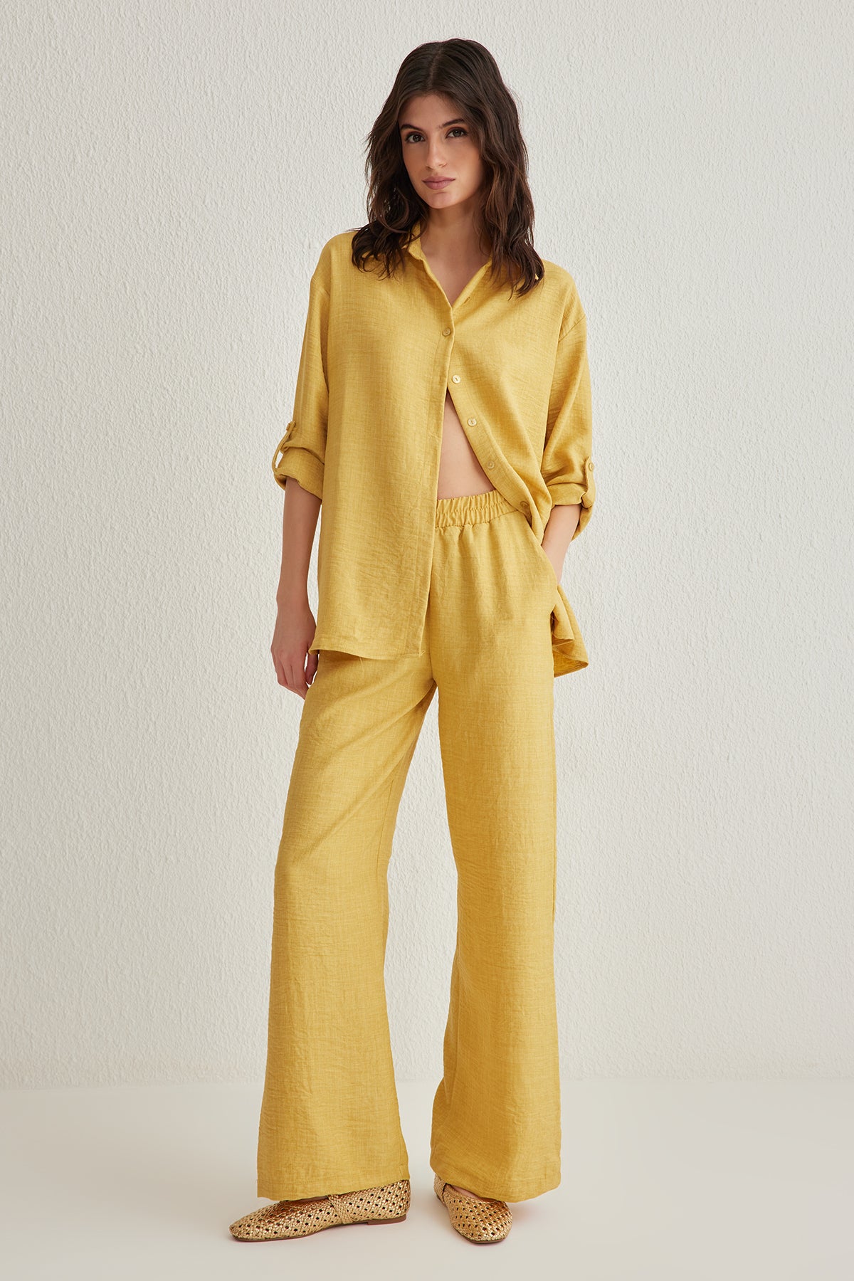 2-Piece Shirt Collar Short Sleeve Wide Leg Trouser Co-ord Set