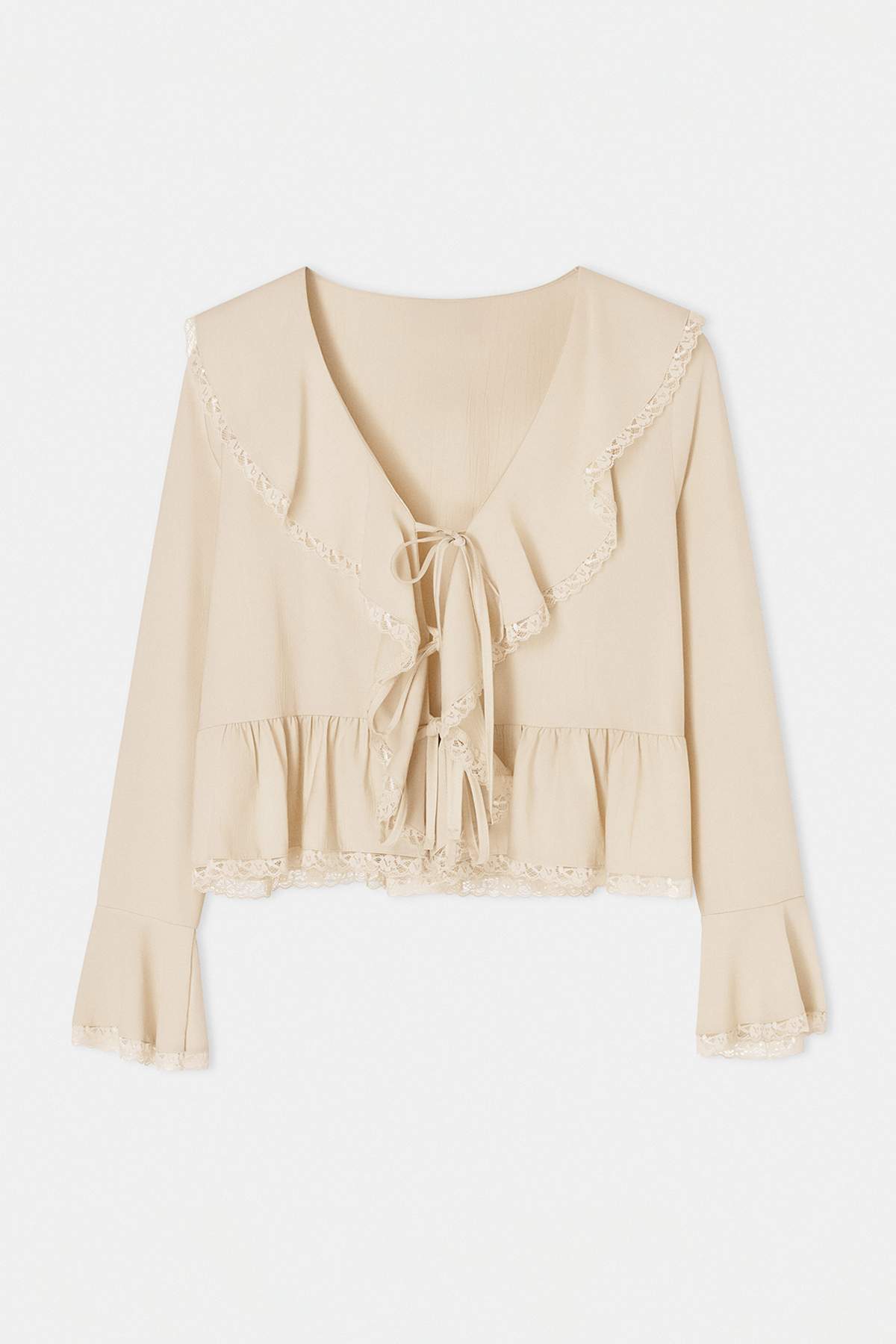 V Neck Long Sleeve Tie Front Lace Detail Blouse