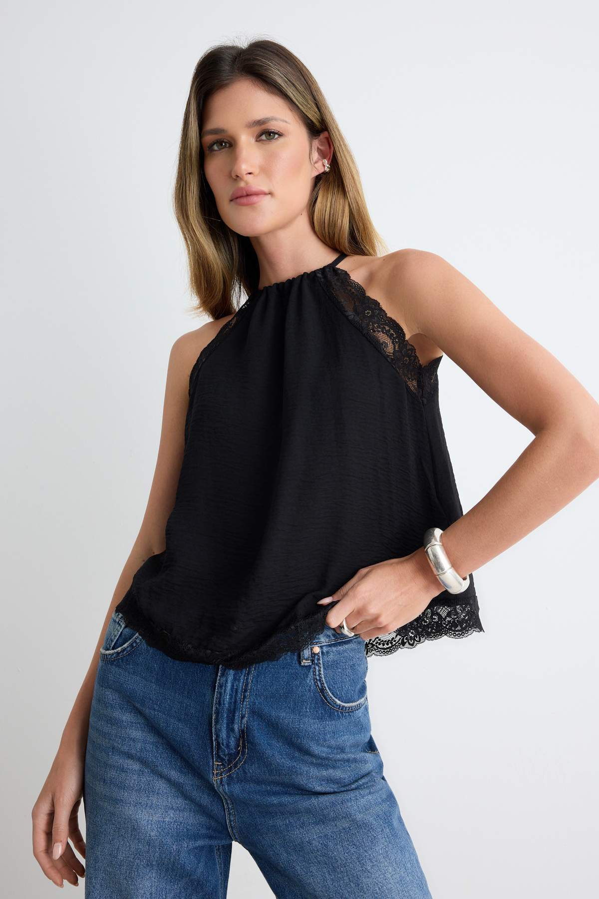 Lace Detail Halter Neck Sleeveless Woven Blouse