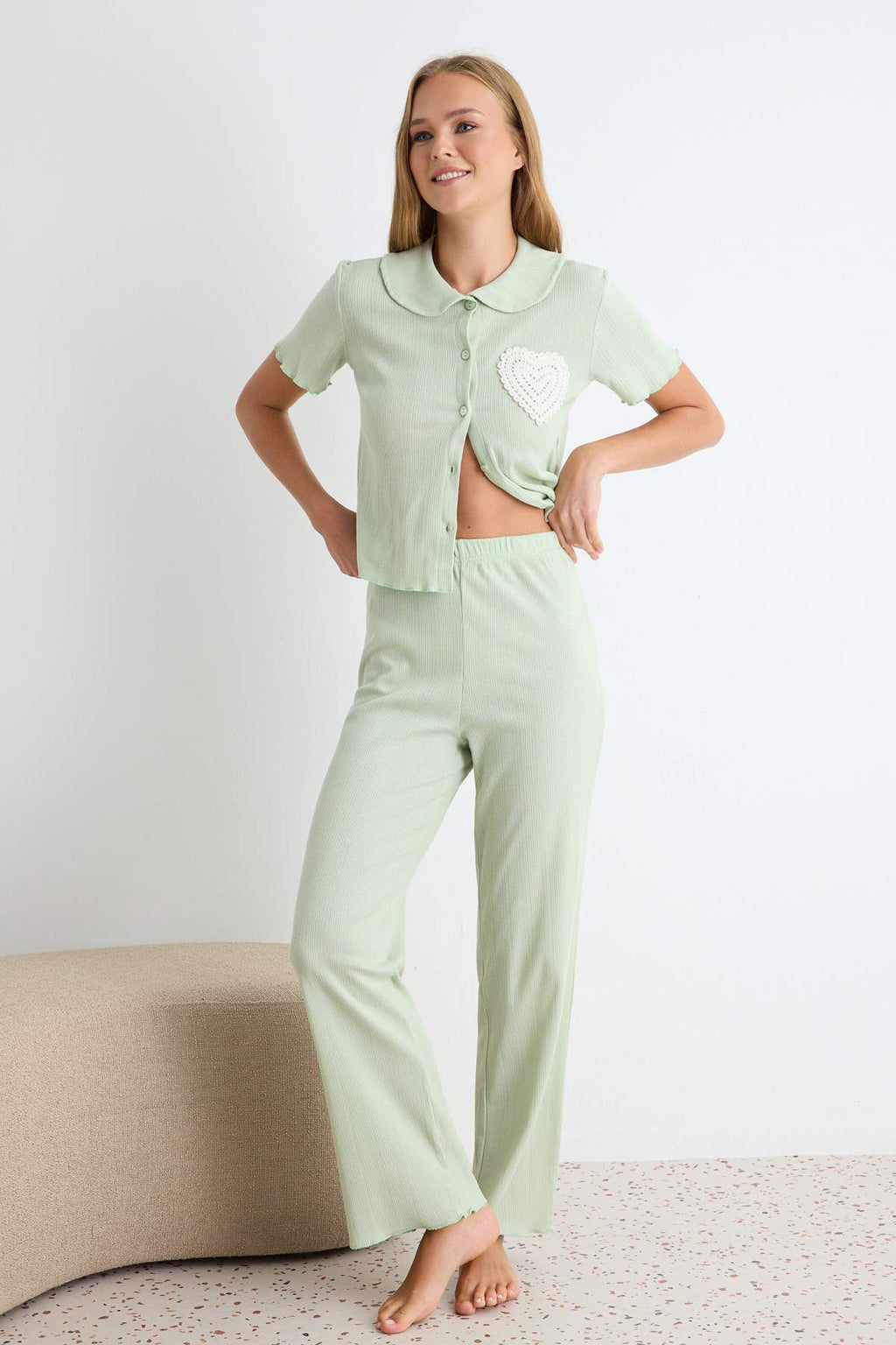 Round Neck Short Sleeve Pointelle Pyjama Set