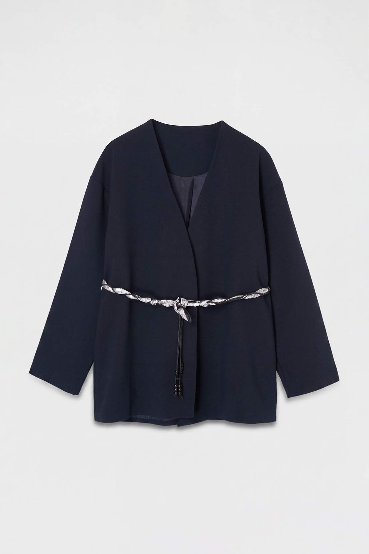 Collarless Belted Relaxed Fit Long Sleeve Jacket