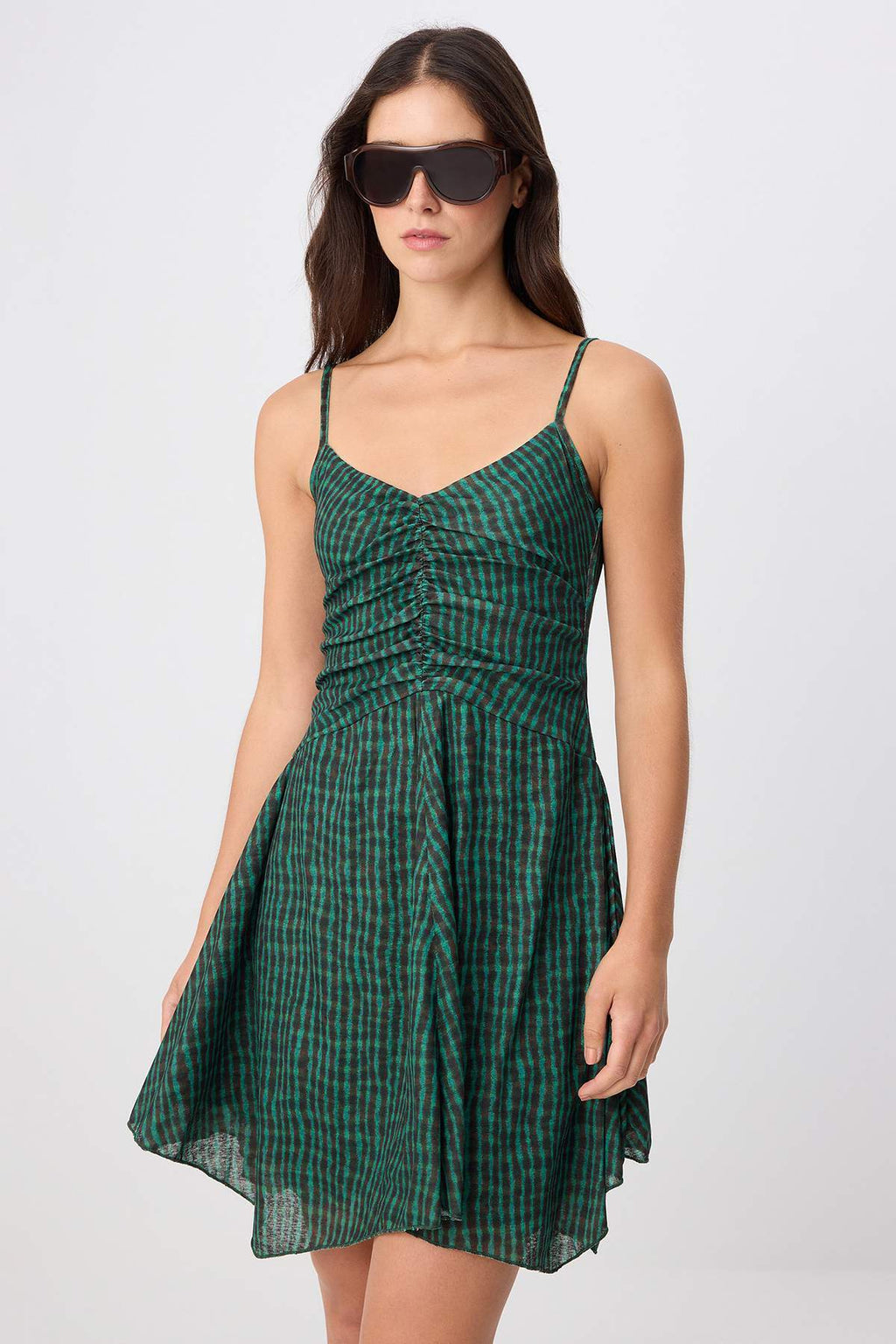 V Neck Sleeveless Gathered Mini Dress